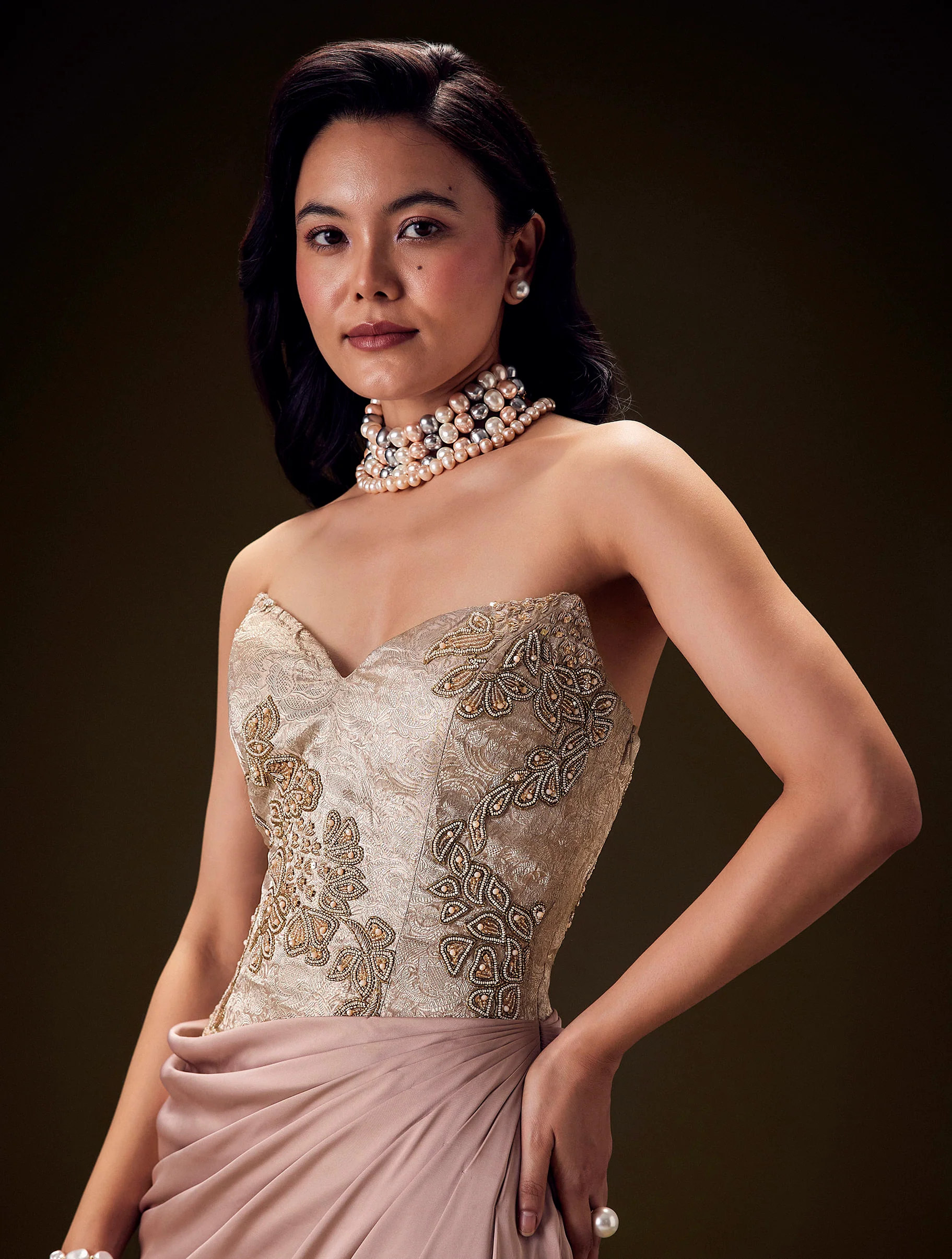 Blush Peach Embroidered Brocade Corset Gown With Drape And Side Slit - Image 4