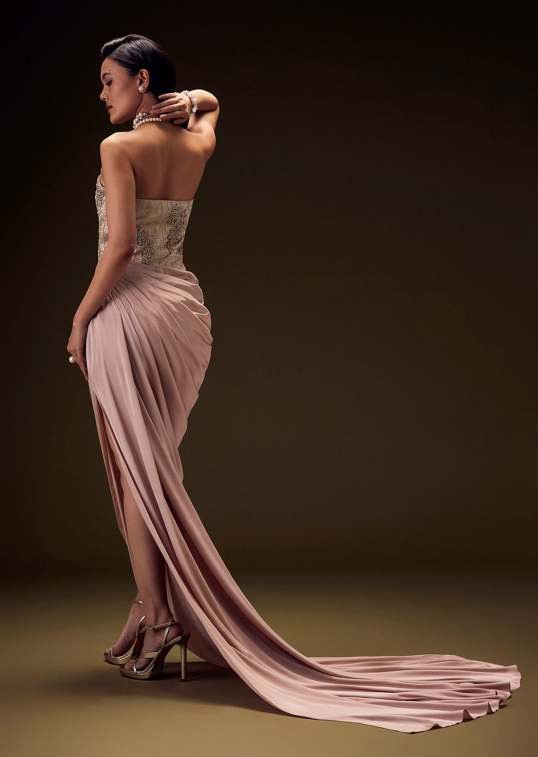 Blush Peach Embroidered Brocade Corset Gown With Drape And Side Slit - Image 5