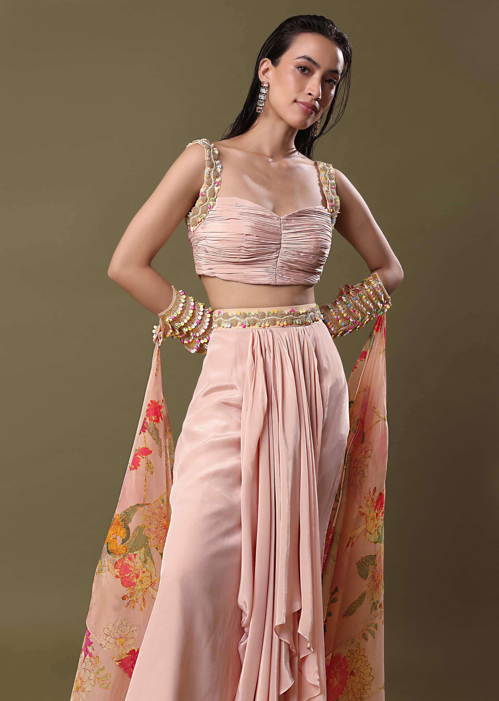 Blush Peach Lehenga With Blouse And Cuff Cape - Image 4
