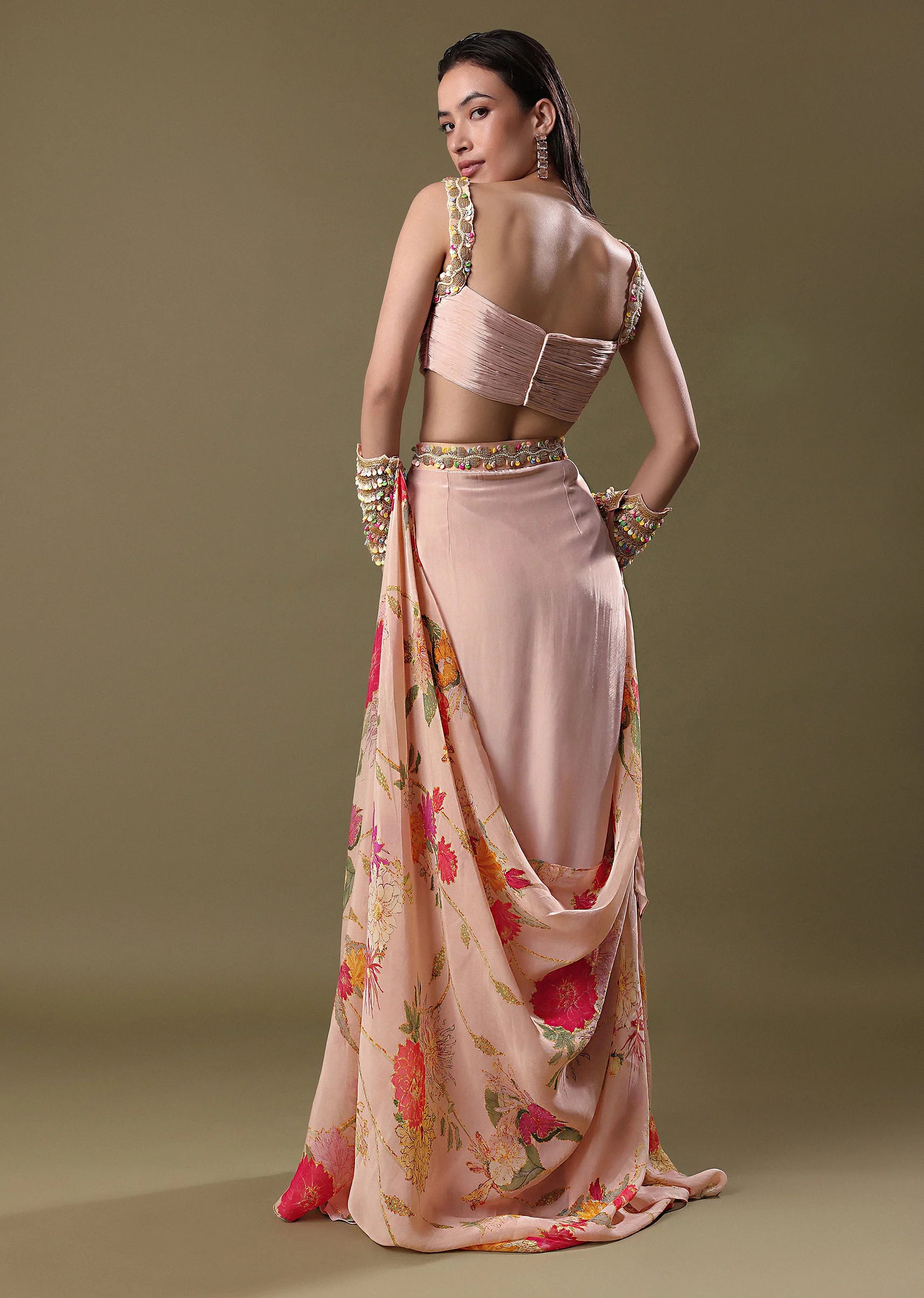 Blush Peach Lehenga With Blouse And Cuff Cape - Image 6