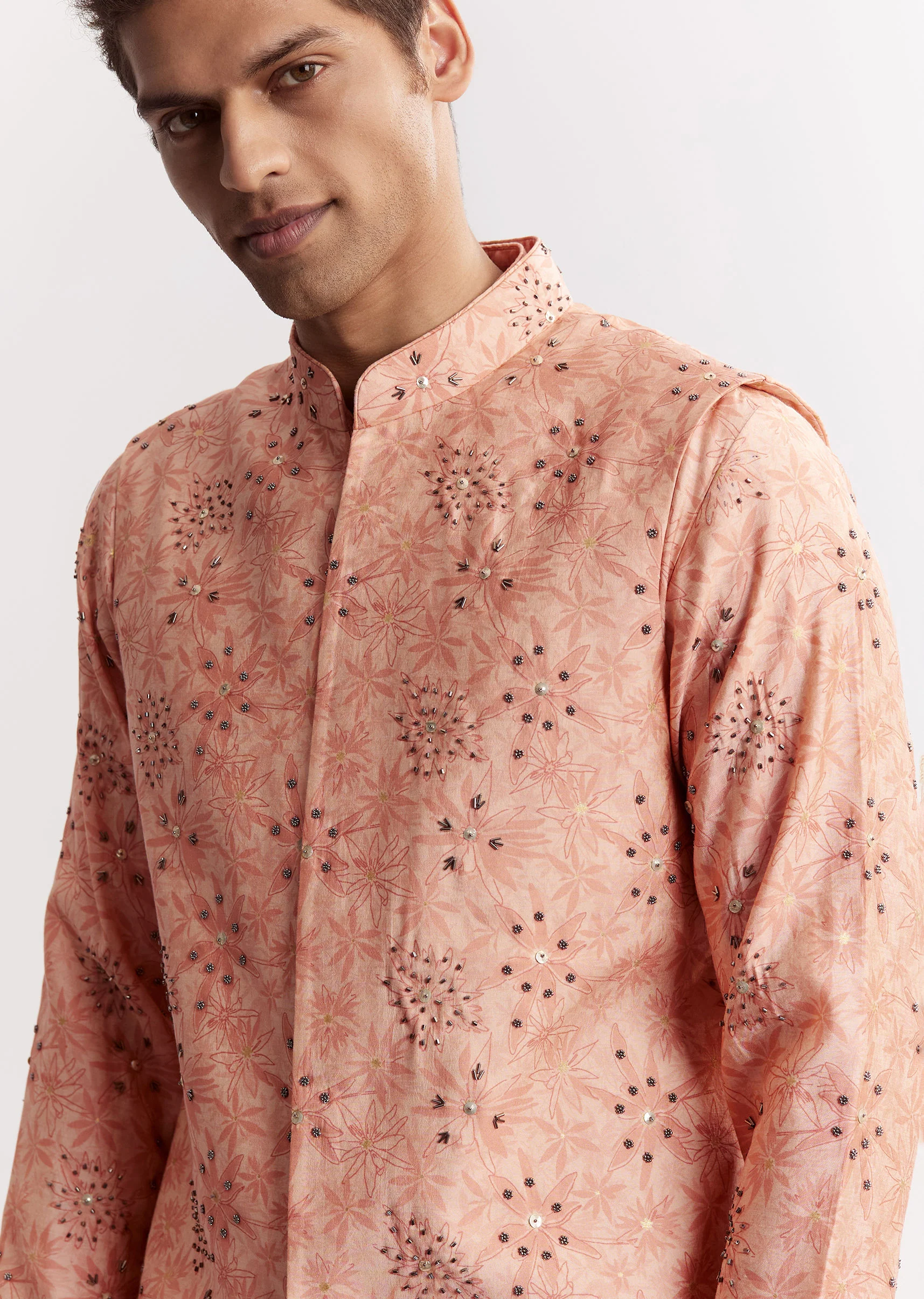 Blush Peach Silk Kurta Jacket Set With Sequins And Moti Detailing - Image 2