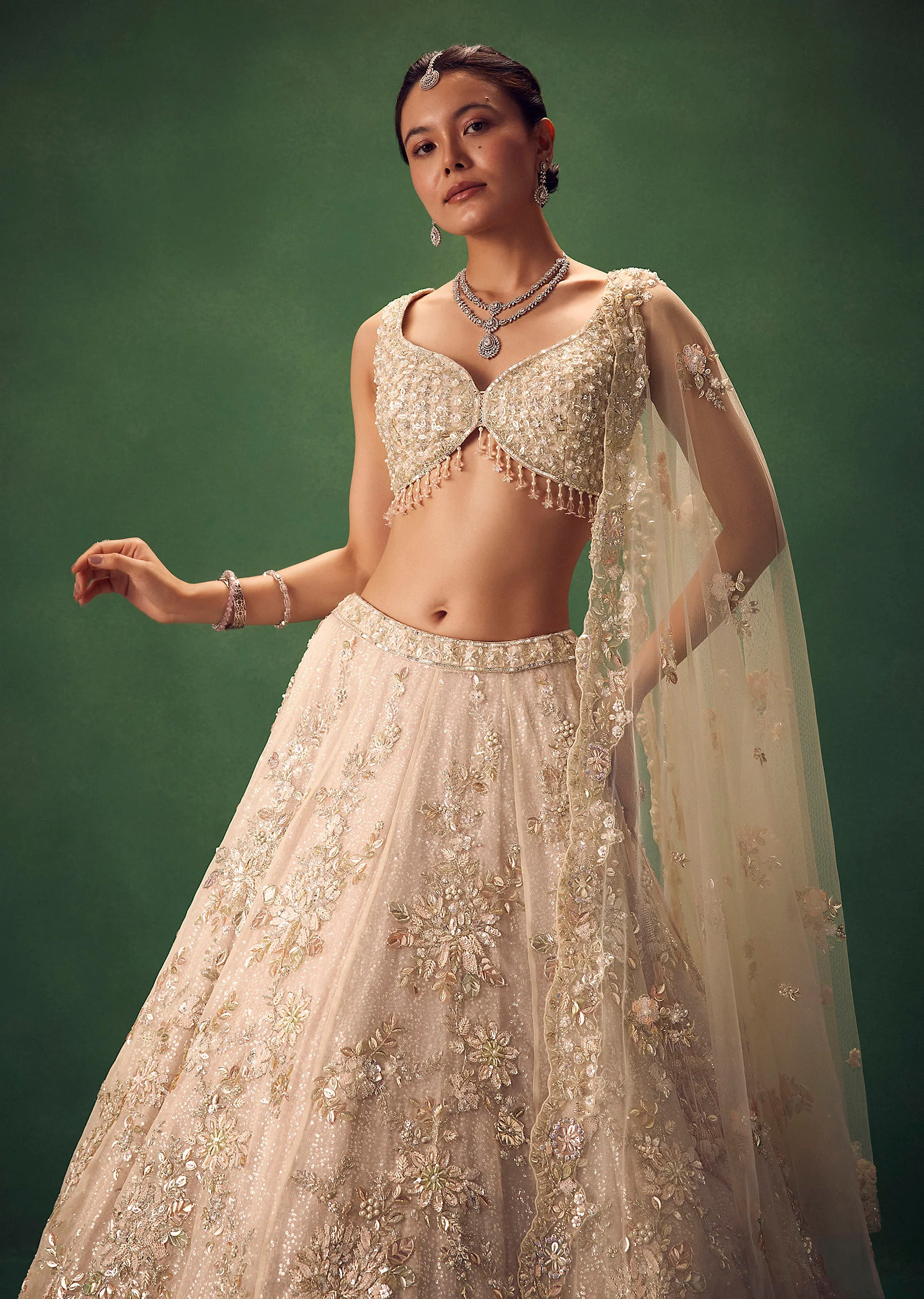 Blush Pink 3D Floral And Bead Work Lehenga Set - Image 3