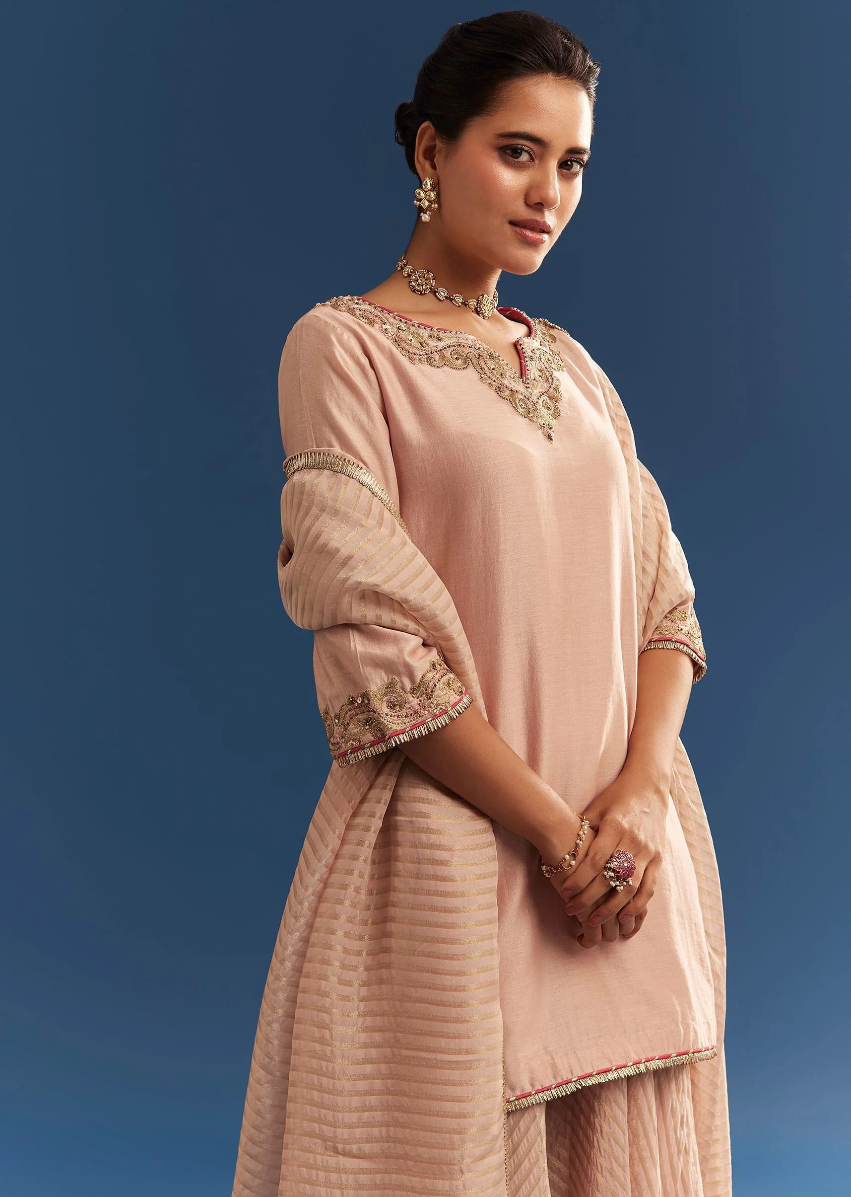 Blush Pink Chanderi Kurta Palazzo Set With Organza Dupatta - Image 2