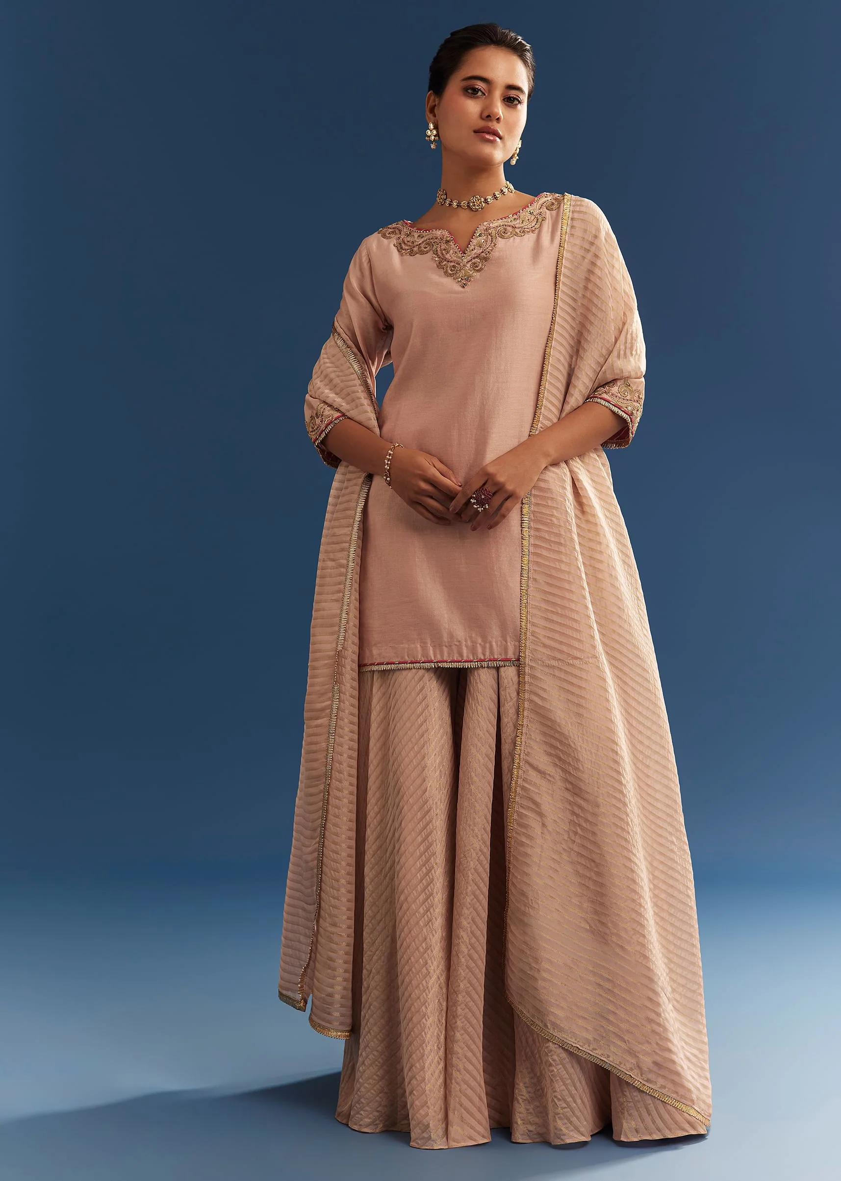 Blush Pink Chanderi Kurta Palazzo Set With Organza Dupatta - Image 3
