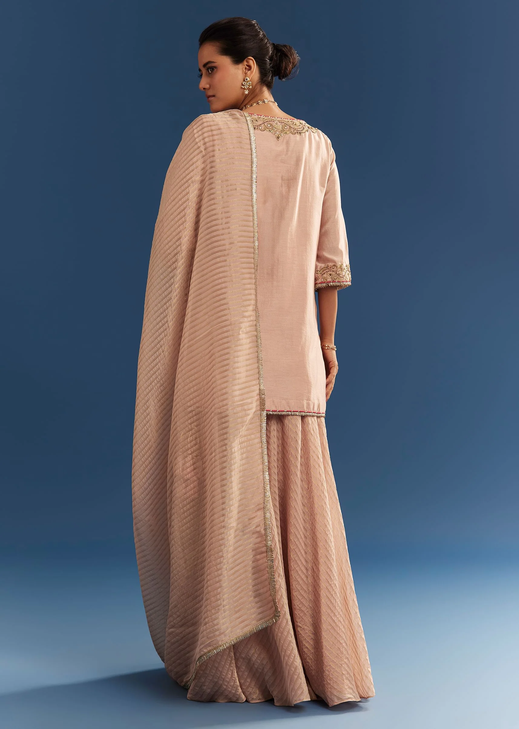 Blush Pink Chanderi Kurta Palazzo Set With Organza Dupatta - Image 5