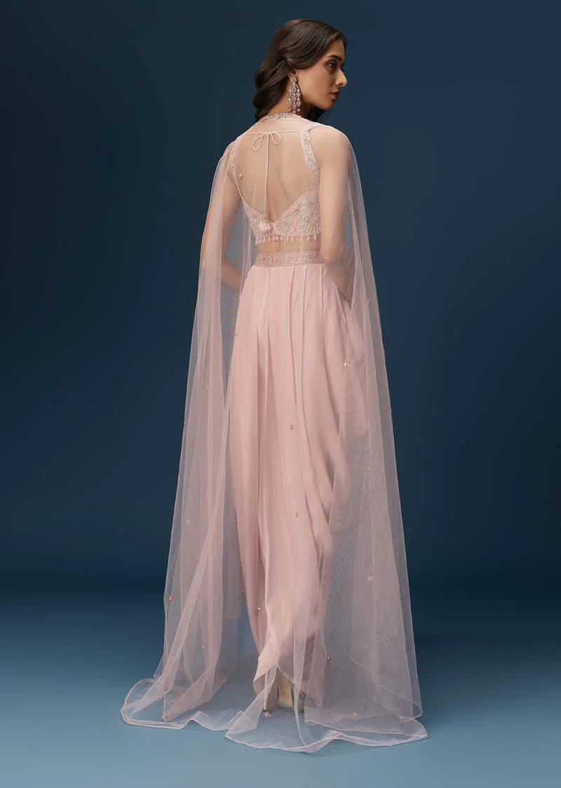 Blush Pink Dhoti Set With Embroidered Blouse And Soft Dupatta - Image 3
