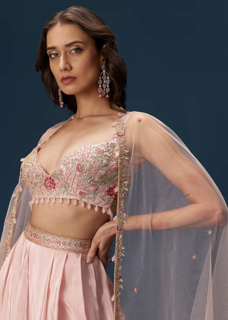 Blush Pink Dhoti Set With Embroidered Blouse And Soft Dupatta - Image 4