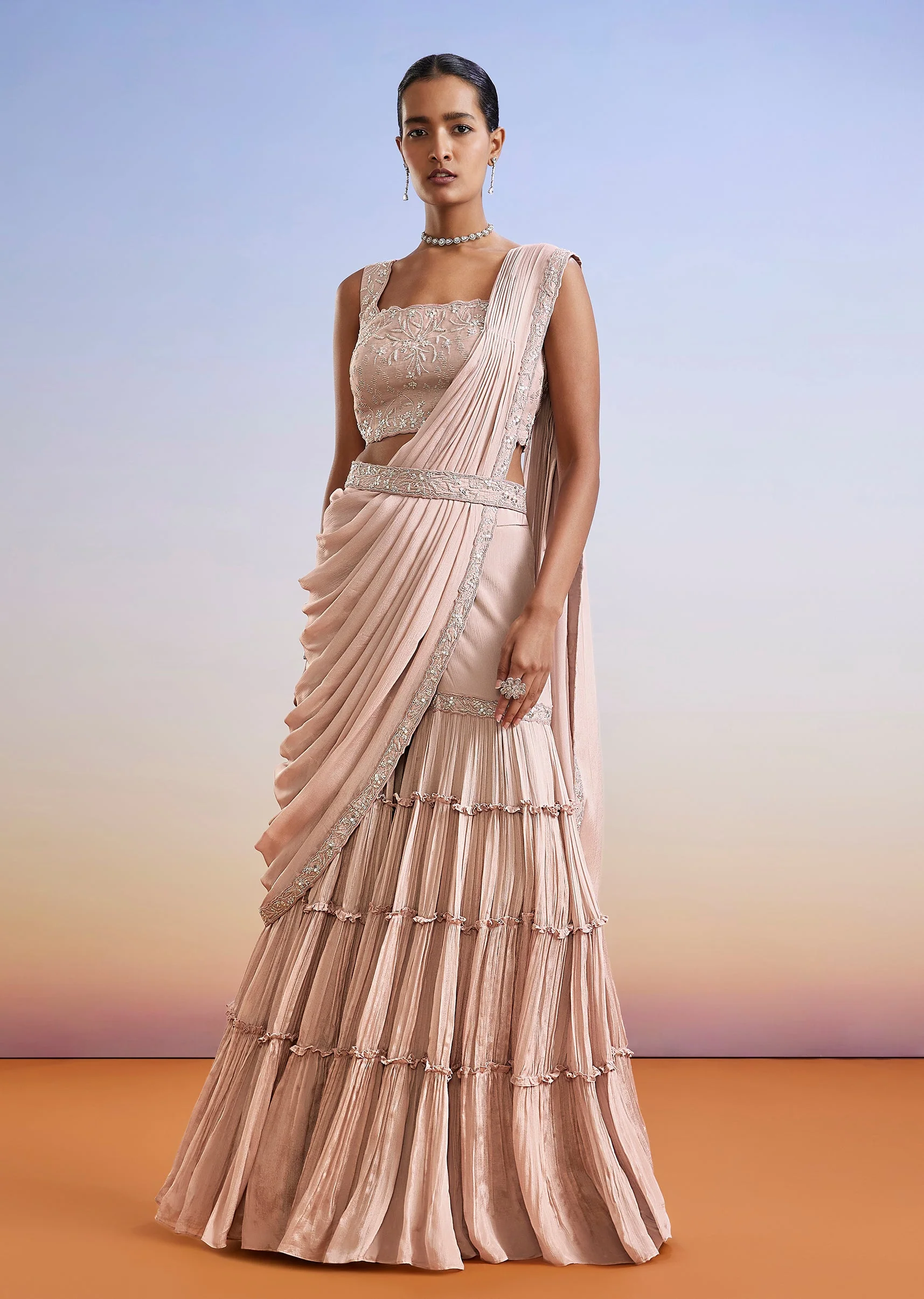Blush Pink Draped Sharara Style Crop Top Set With Belt - Image 3