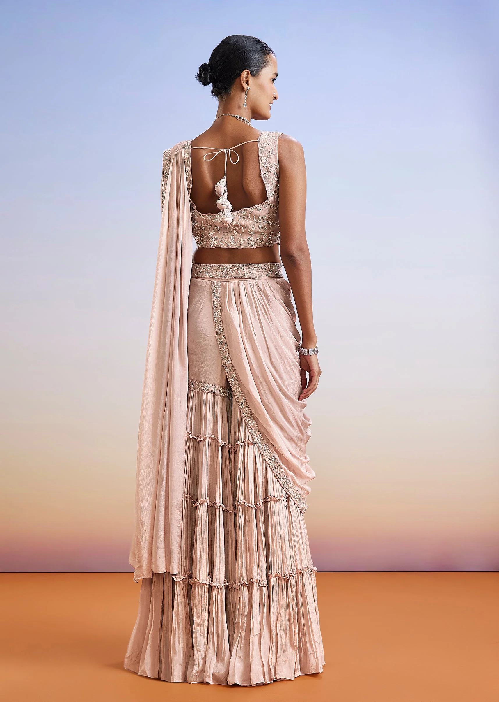 Blush Pink Draped Sharara Style Crop Top Set With Belt - Image 5