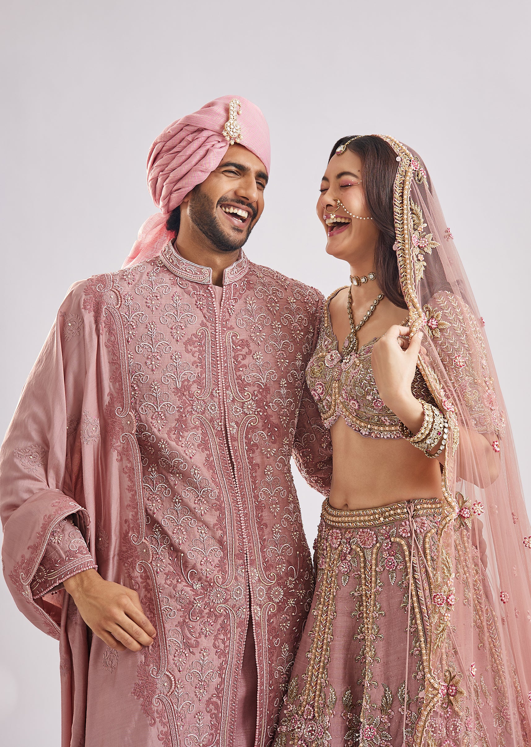 Blush Pink & Dusty Rose Duo — Bridal Lehenga For Her And Sherwani For Him - Image 4