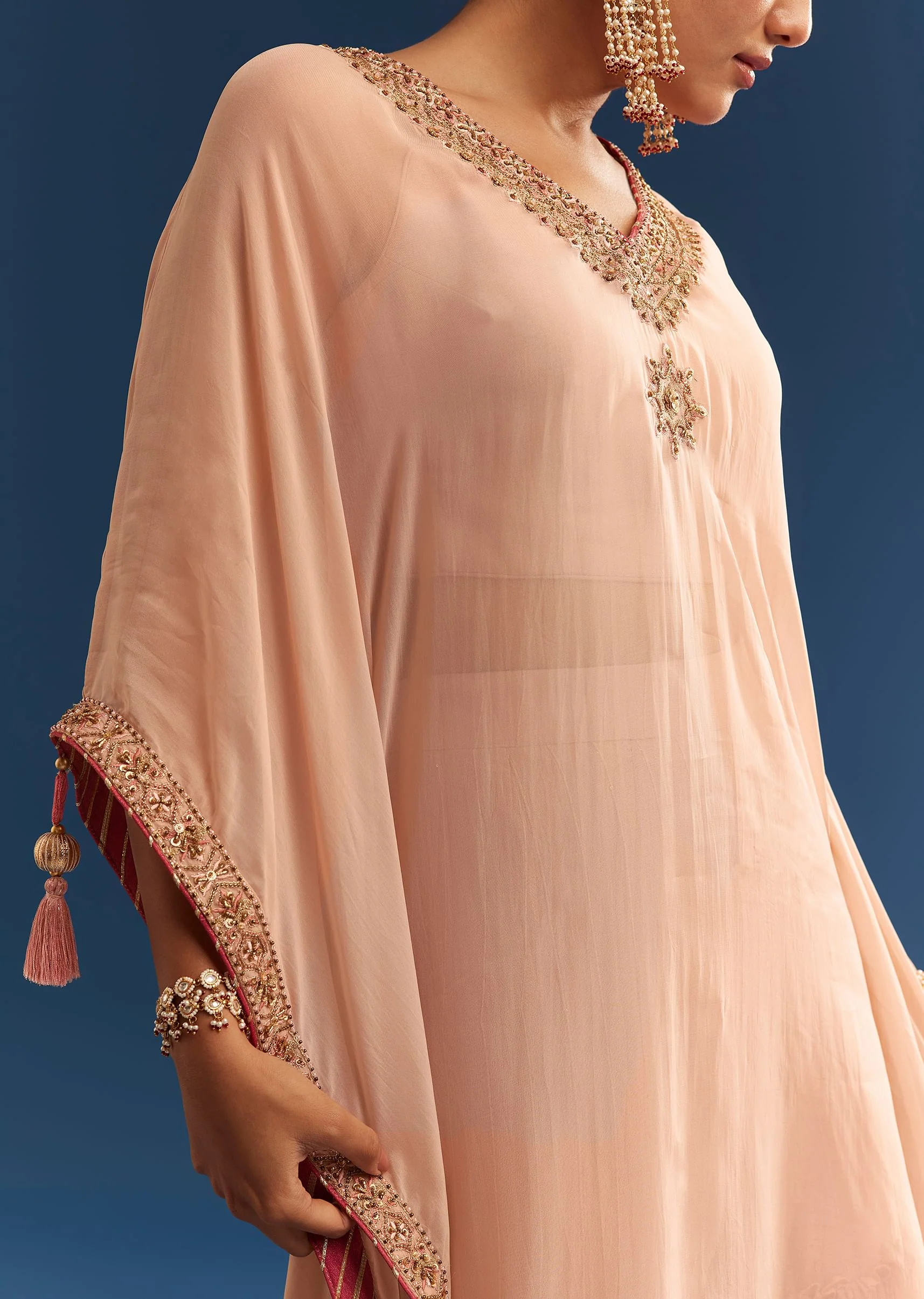 Blush Pink Embroidered Kaftan Sharara Set In Organza - Image 4