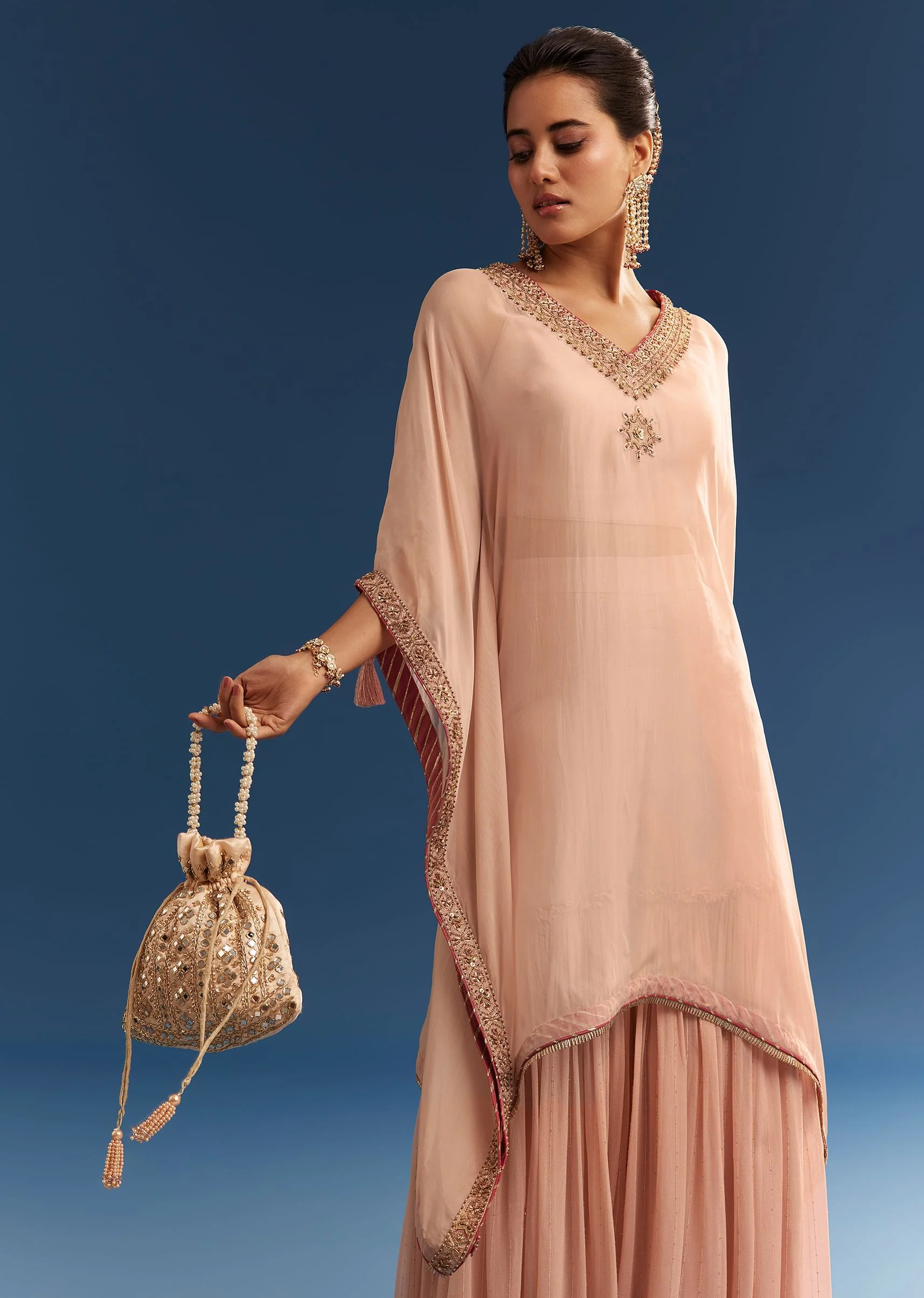 Blush Pink Embroidered Kaftan Sharara Set In Organza - Image 5