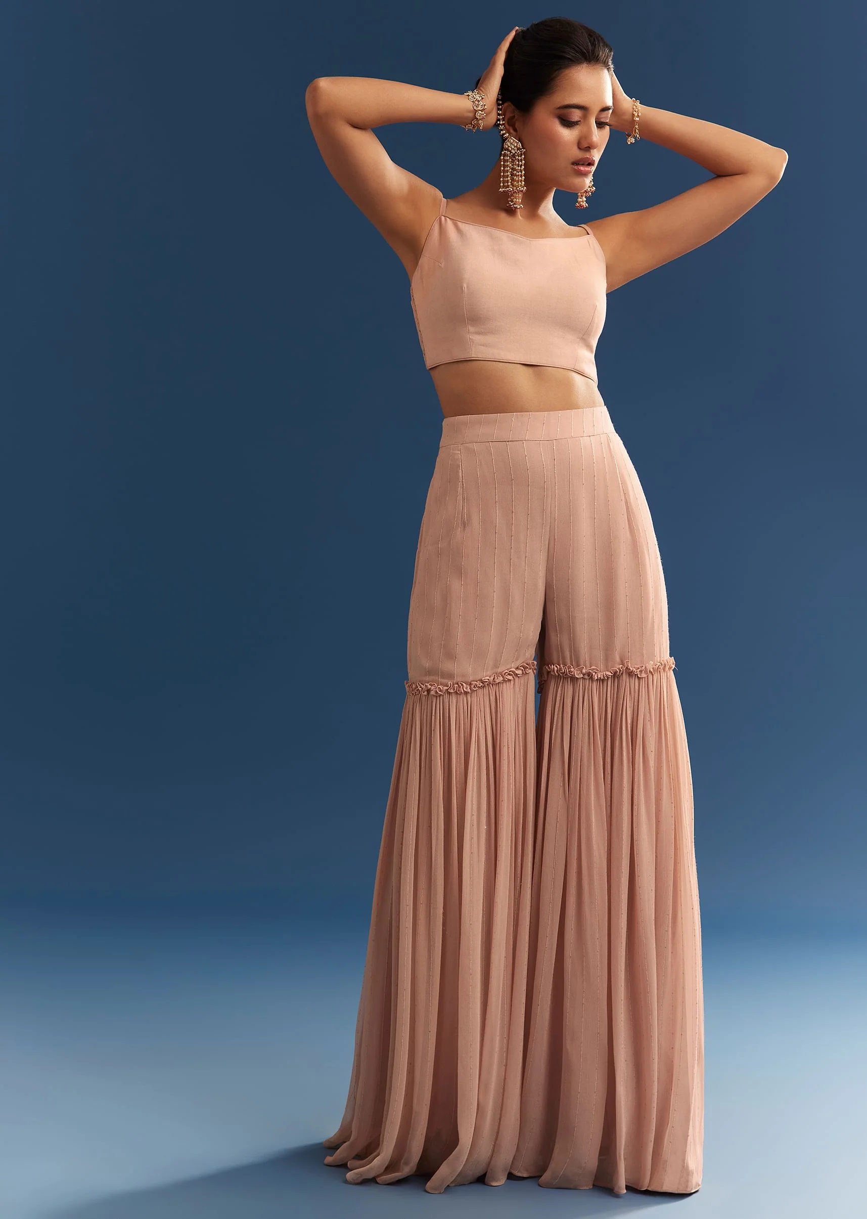 Blush Pink Embroidered Kaftan Sharara Set In Organza - Image 7