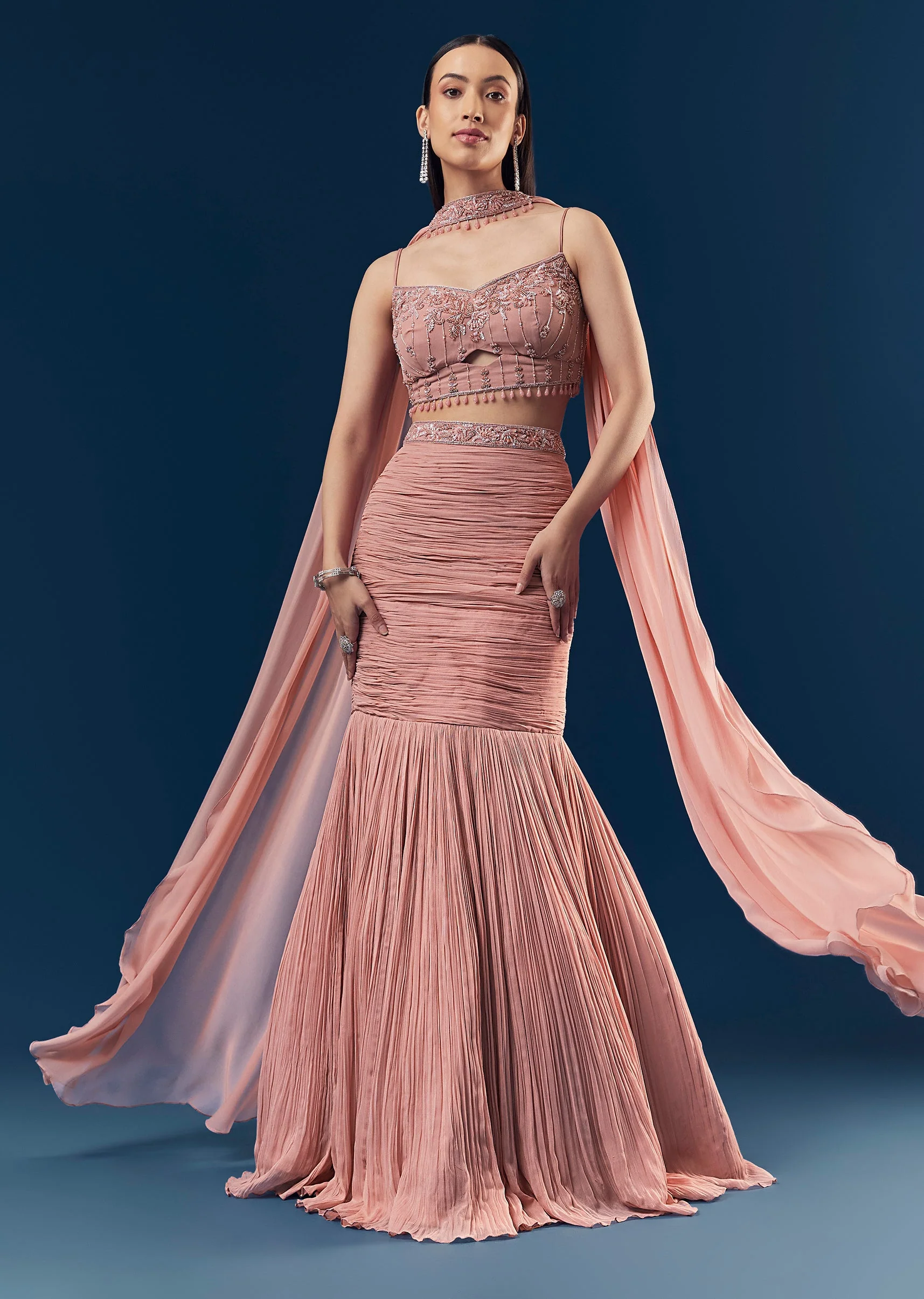 Blush Pink Georgette Fish Cut Lehenga With Embroidered Sleeveless Blouse And Choker Dupatta - Image 4