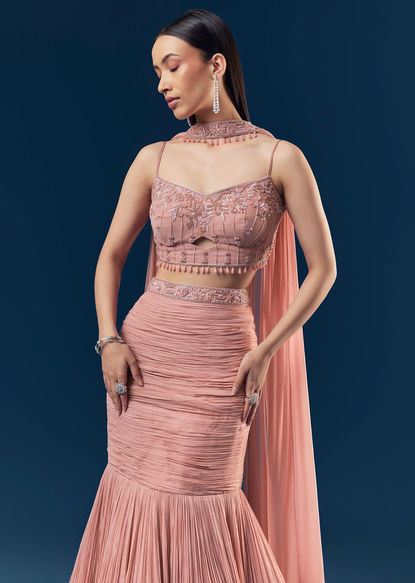Blush Pink Georgette Fish Cut Lehenga With Embroidered Sleeveless Blouse And Choker Dupatta - Image 5