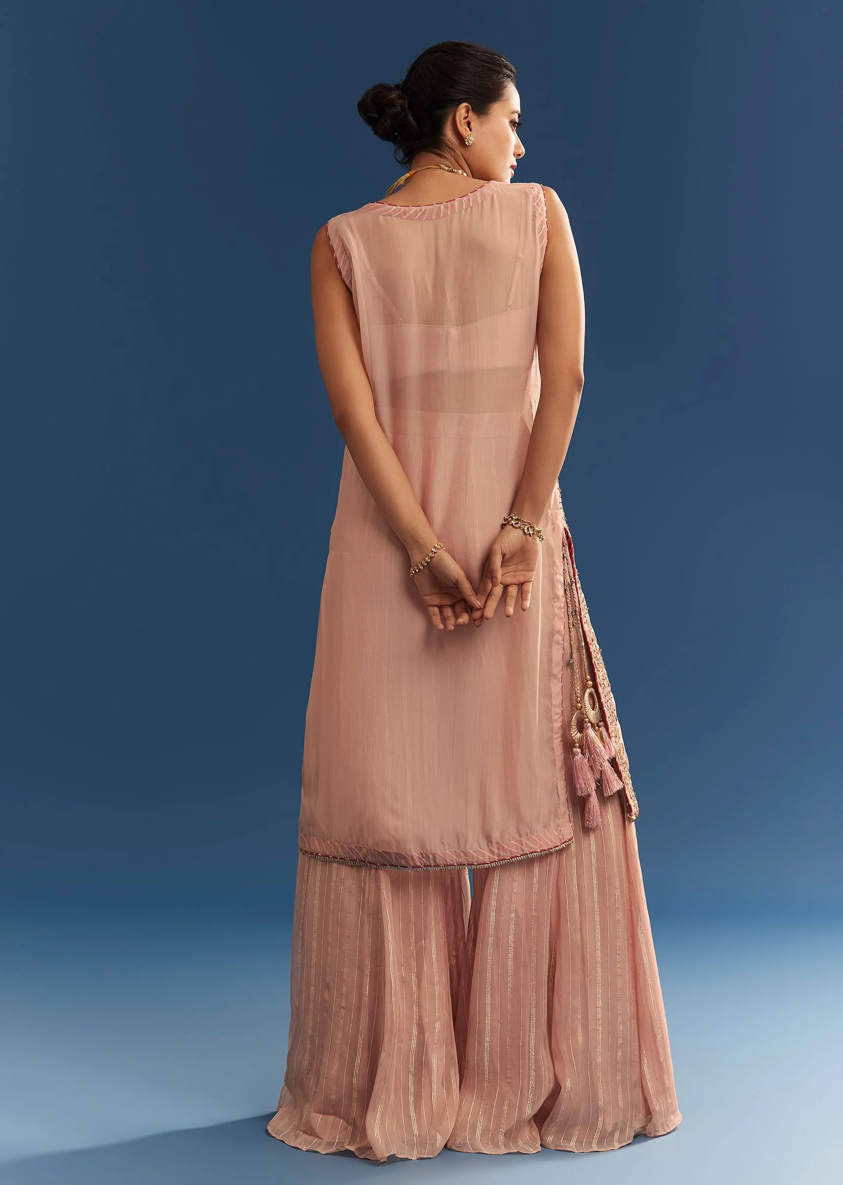 Blush Pink Organza Palazzo Set With Embroidered Kurta - Image 5