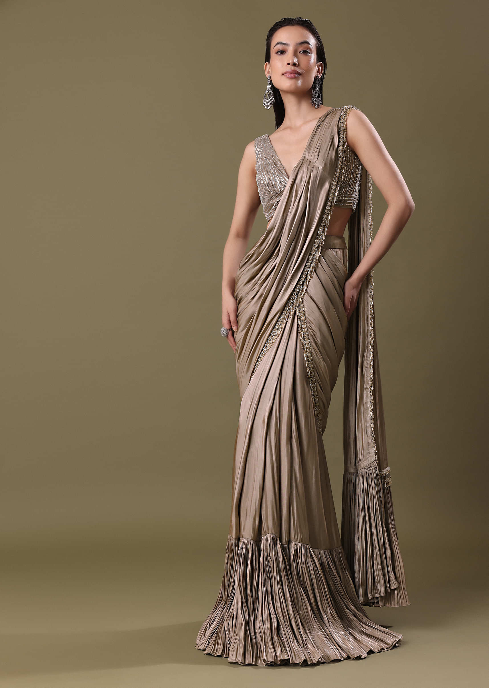 Blush Pink Pre-Stitched Frill Saree With Sequin Blouse - Image 2