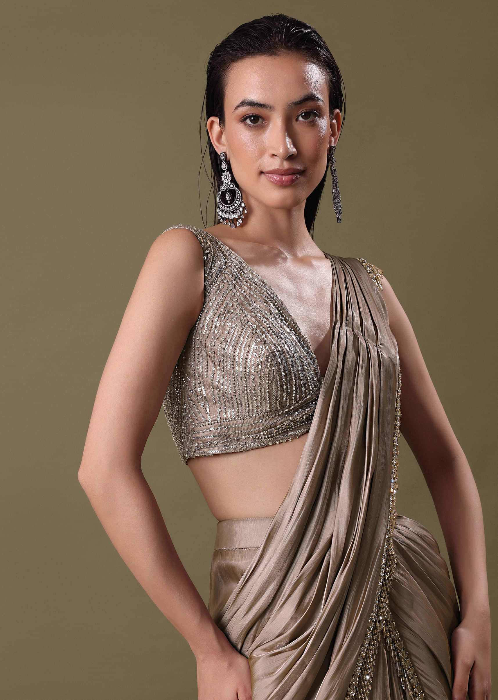 Blush Pink Pre-Stitched Frill Saree With Sequin Blouse - Image 4