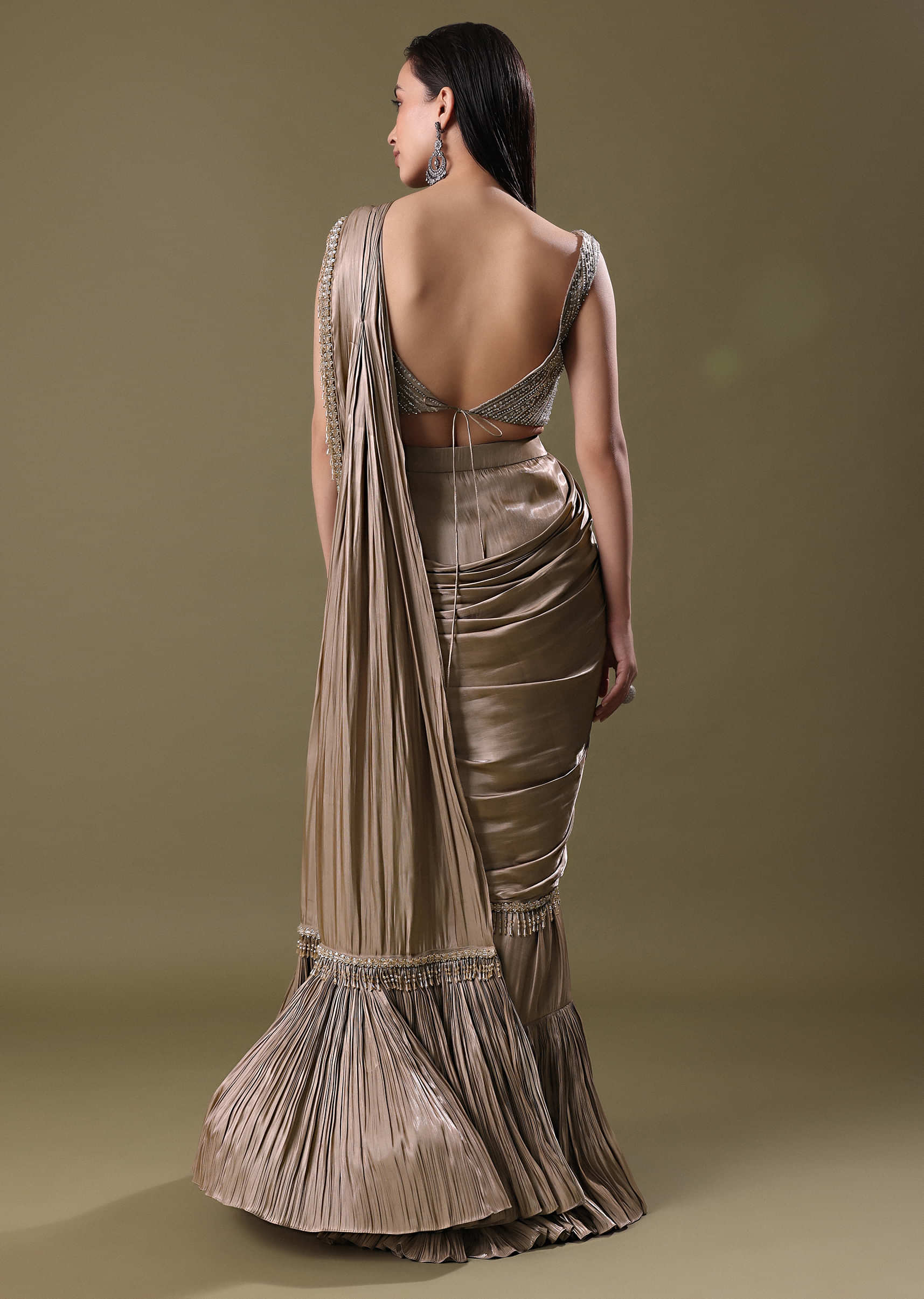 Blush Pink Pre-Stitched Frill Saree With Sequin Blouse - Image 5
