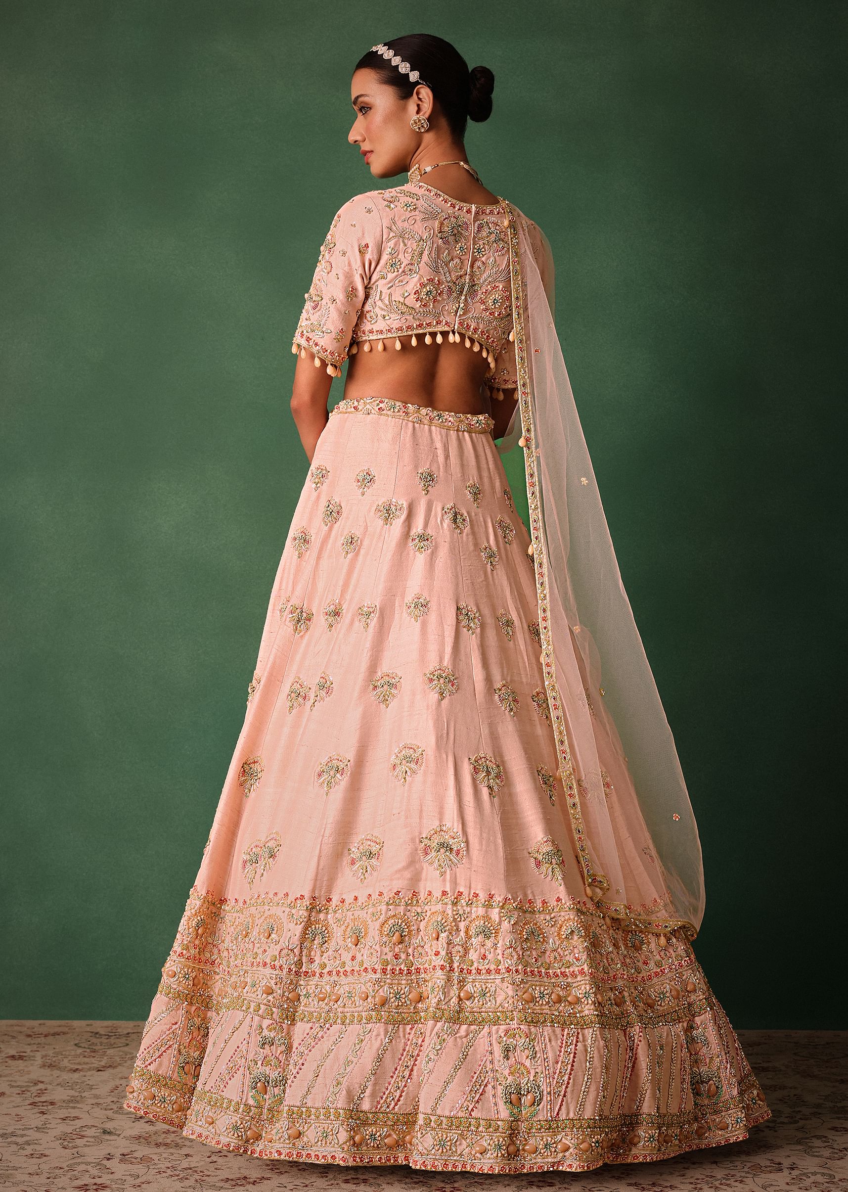 Blush Pink Raw Silk Zardosi Embroidered Bridal Lehenga Set - Image 5