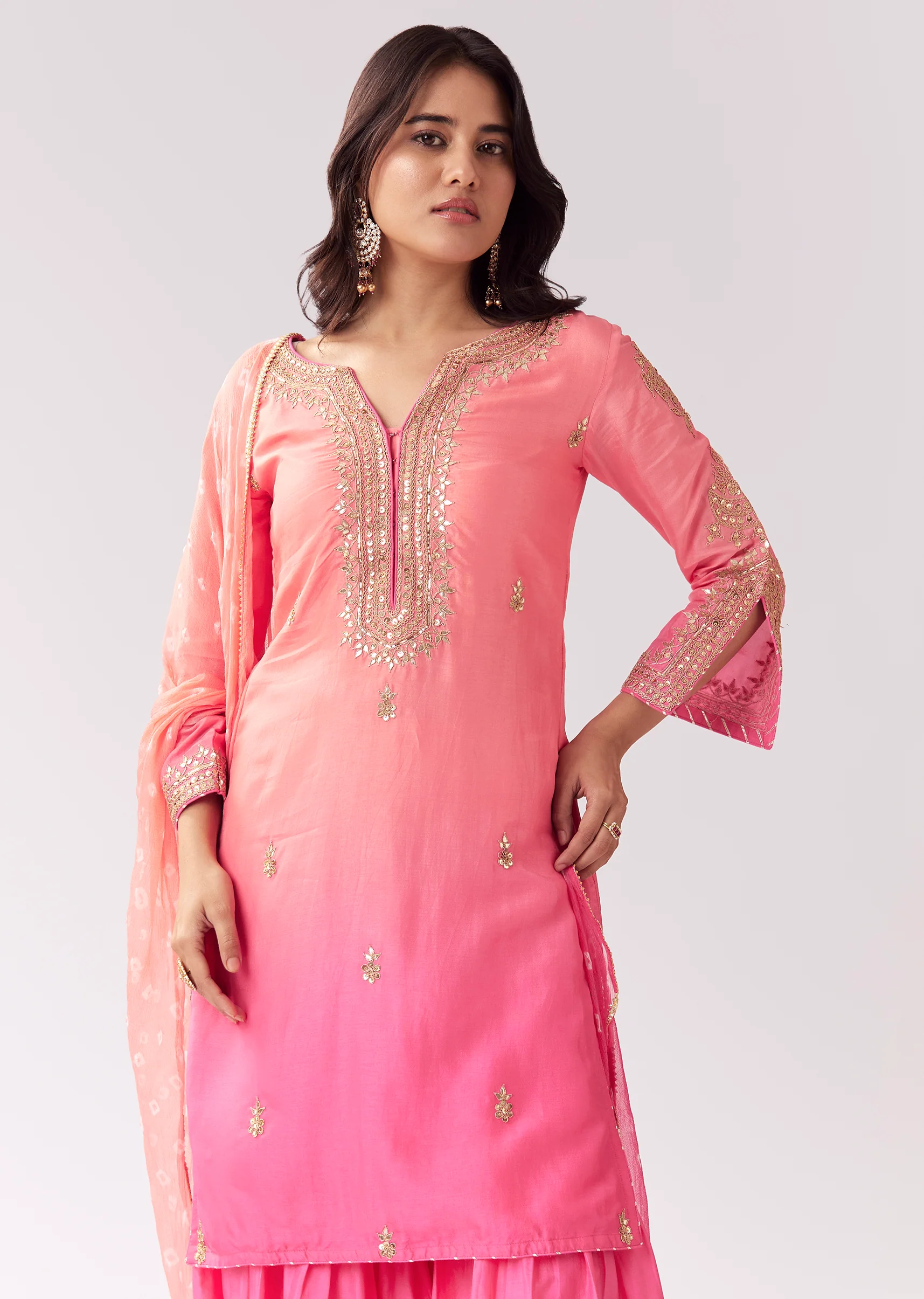 Blush Pink Twinning Ensemble – Gotta Work Sharara With Bandhani Dupatta For Her And Pink Silk Mandarin Collar Kurta For Him - Image 3