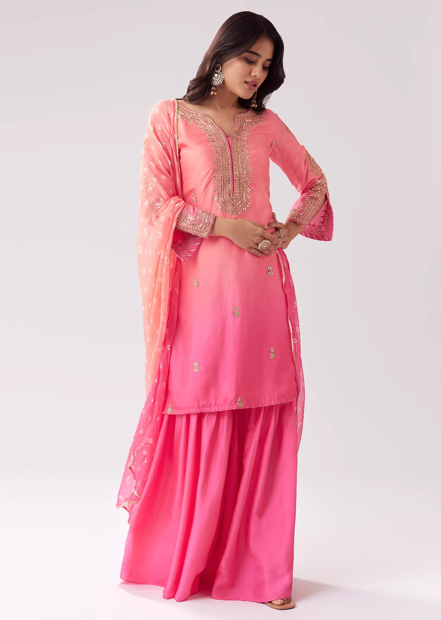 Blush Pink Twinning Ensemble – Gotta Work Sharara With Bandhani Dupatta For Her And Pink Silk Mandarin Collar Kurta For Him - Image 4