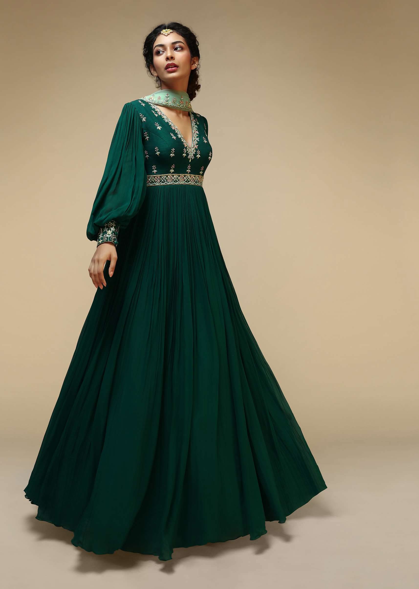 Bottle Green Anarkali Suit With Balloon Sleeves And Hand Embroidered Buttis Using Multi Colored Sequins And Beads - Image 3