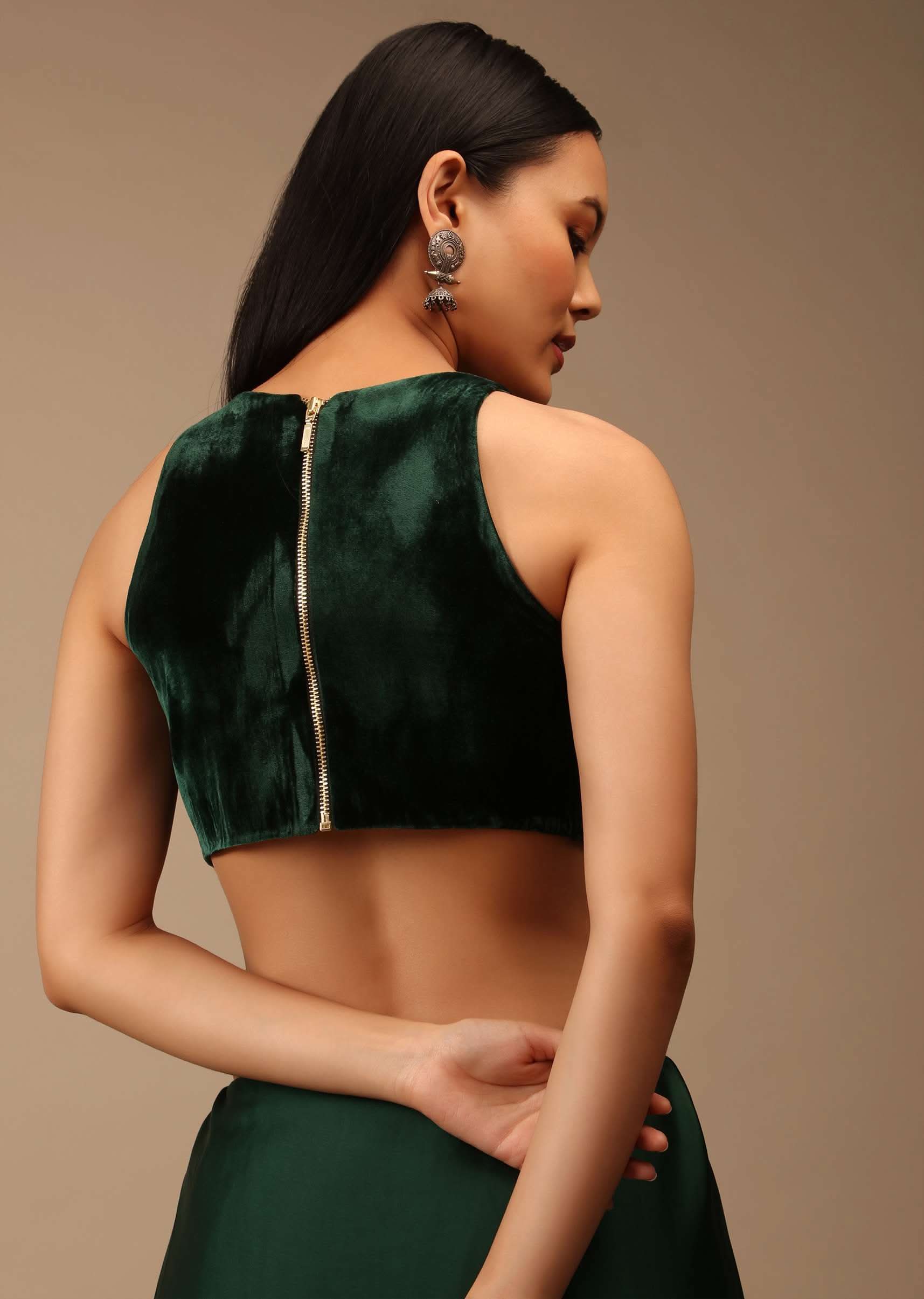 Bottle Green Blouse In Velvet With Halter Neckline And Back Zip Detailing - Image 2