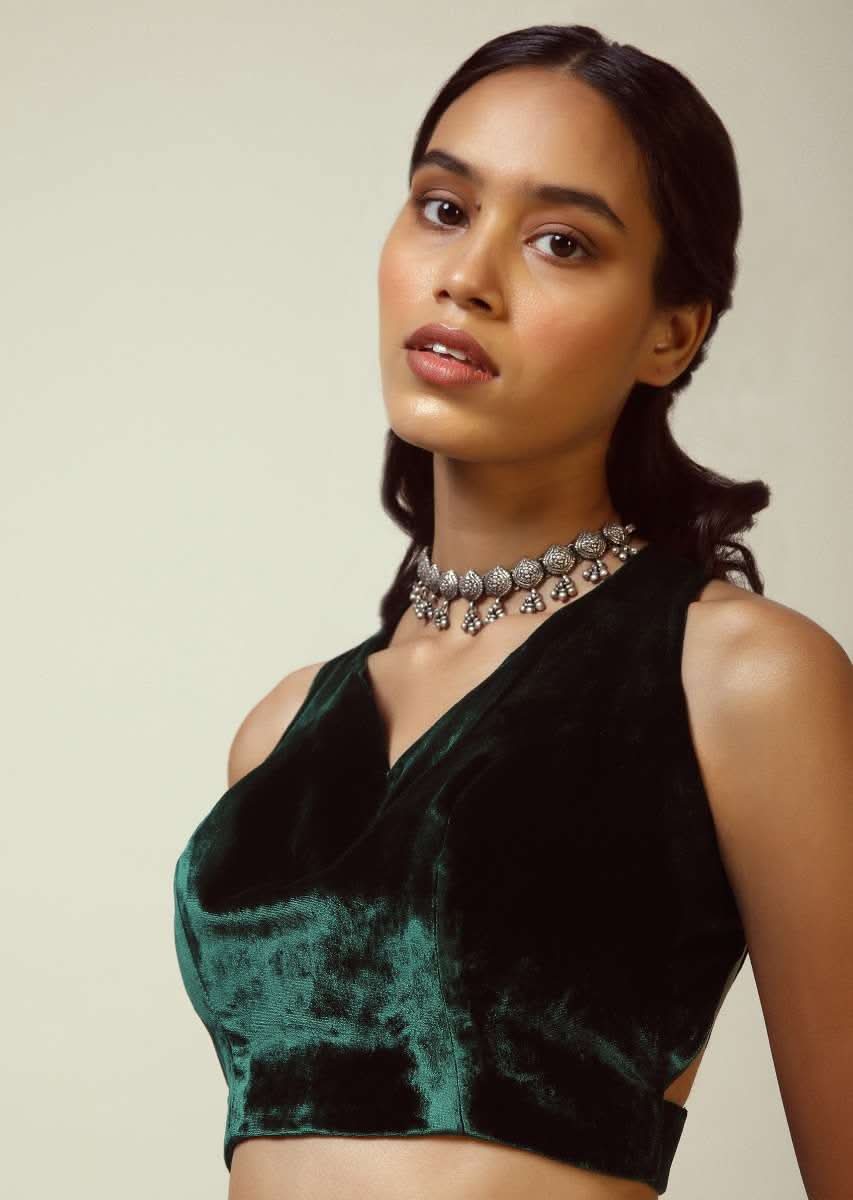 Bottle Green Blouse In Velvet With Halter Straps And Sweetheart Neckline - Image 3
