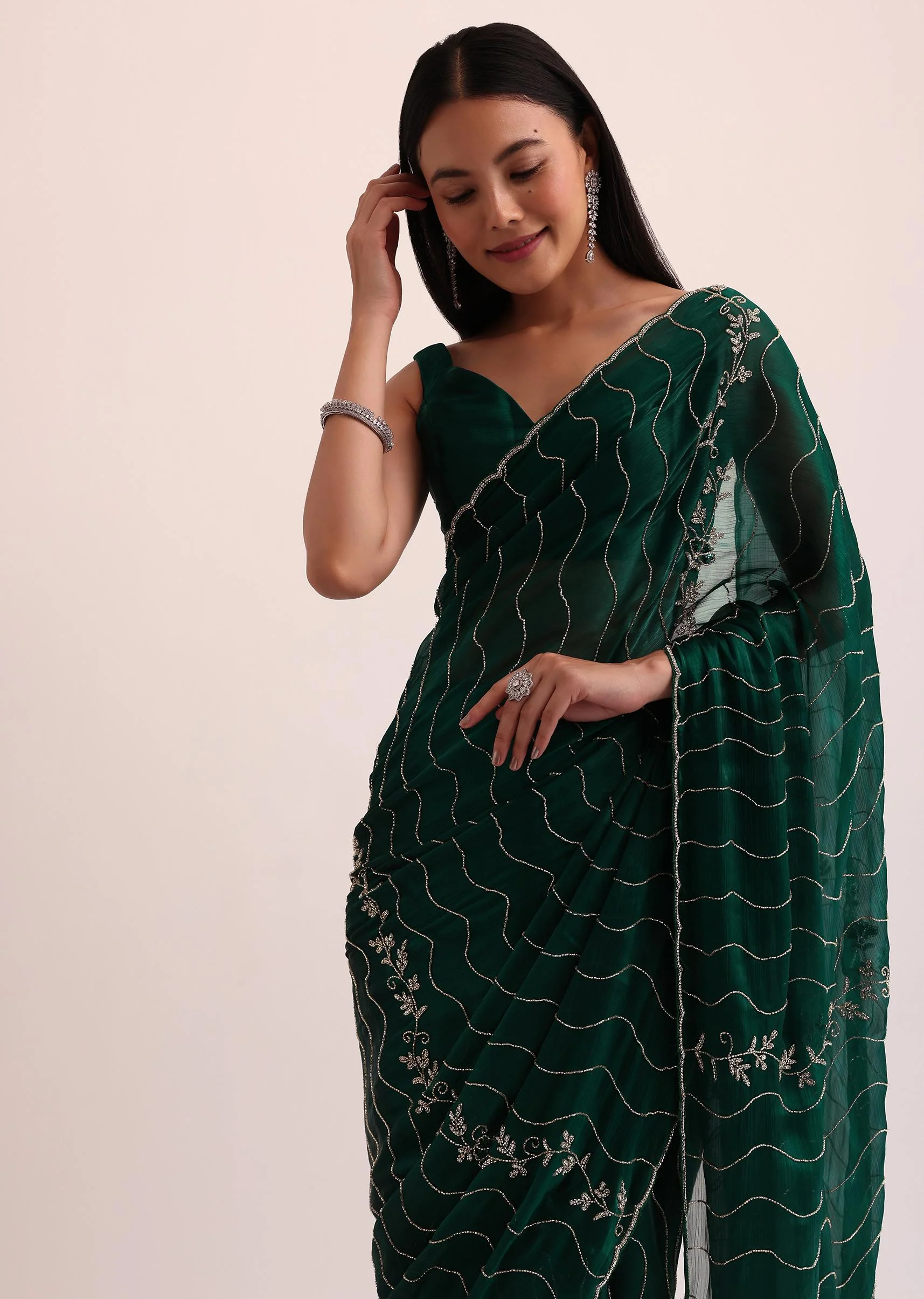 Bottle Green Chinon Saree With Cut Dana Embroidery And Unstitched Blouse - Image 2