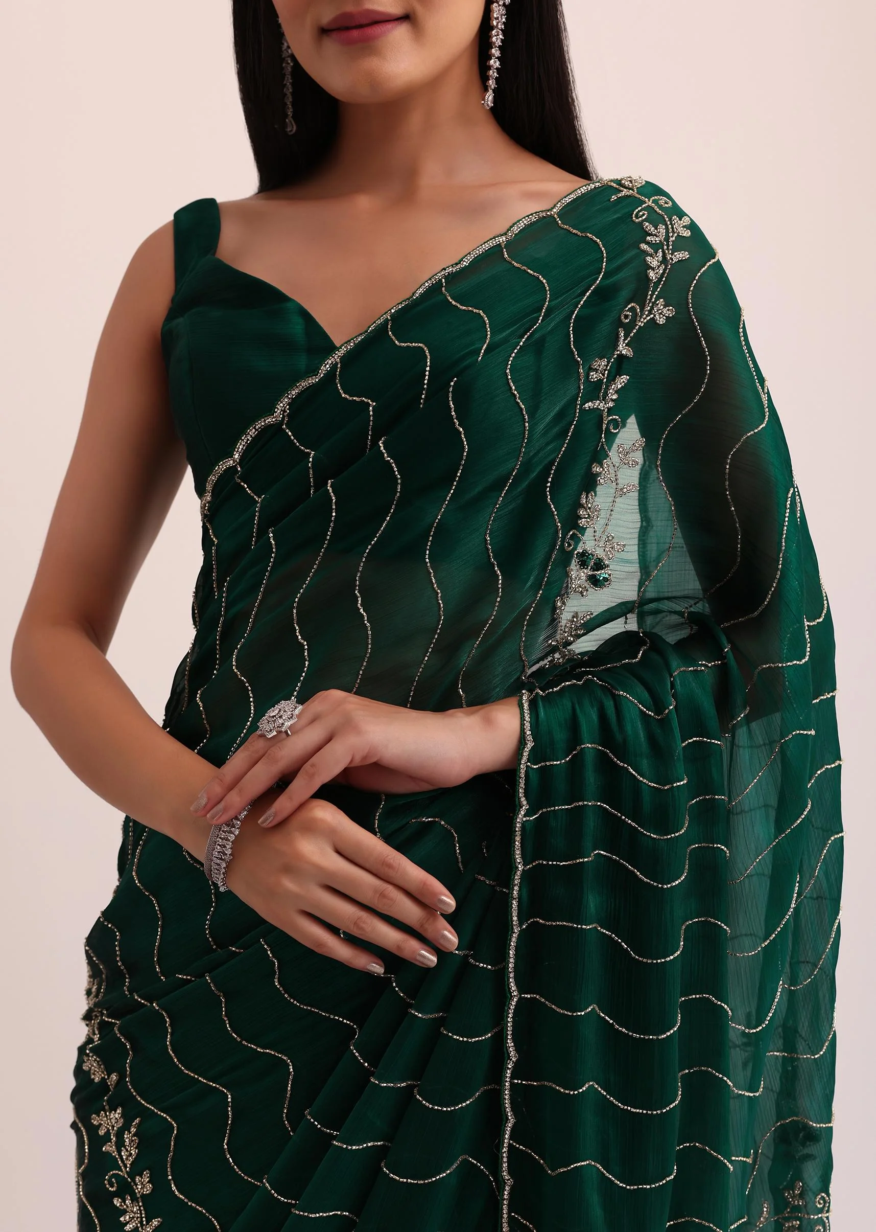 Bottle Green Chinon Saree With Cut Dana Embroidery And Unstitched Blouse - Image 5