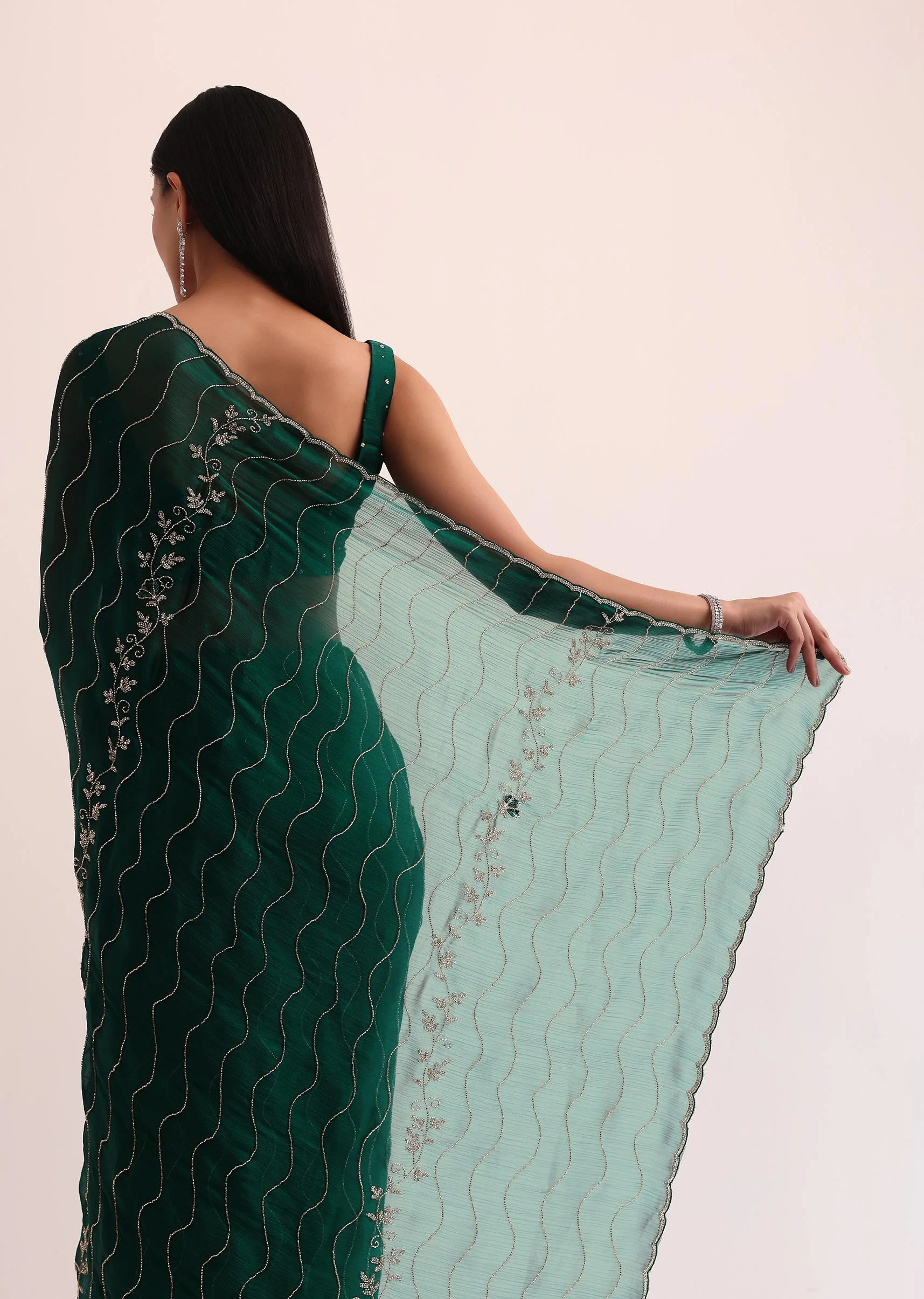 Bottle Green Chinon Saree With Cut Dana Embroidery And Unstitched Blouse - Image 6