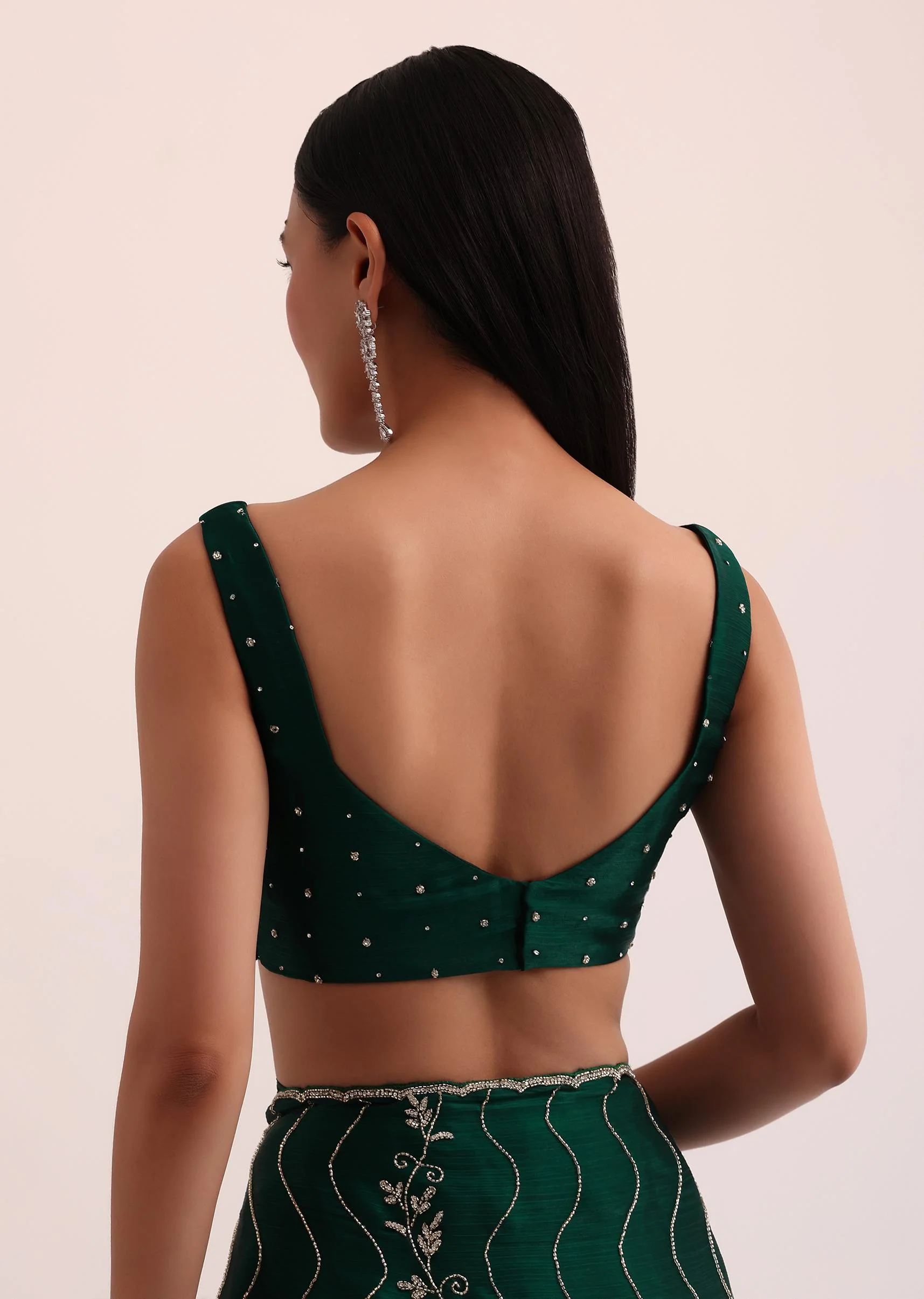 Bottle Green Chinon Saree With Cut Dana Embroidery And Unstitched Blouse - Image 8