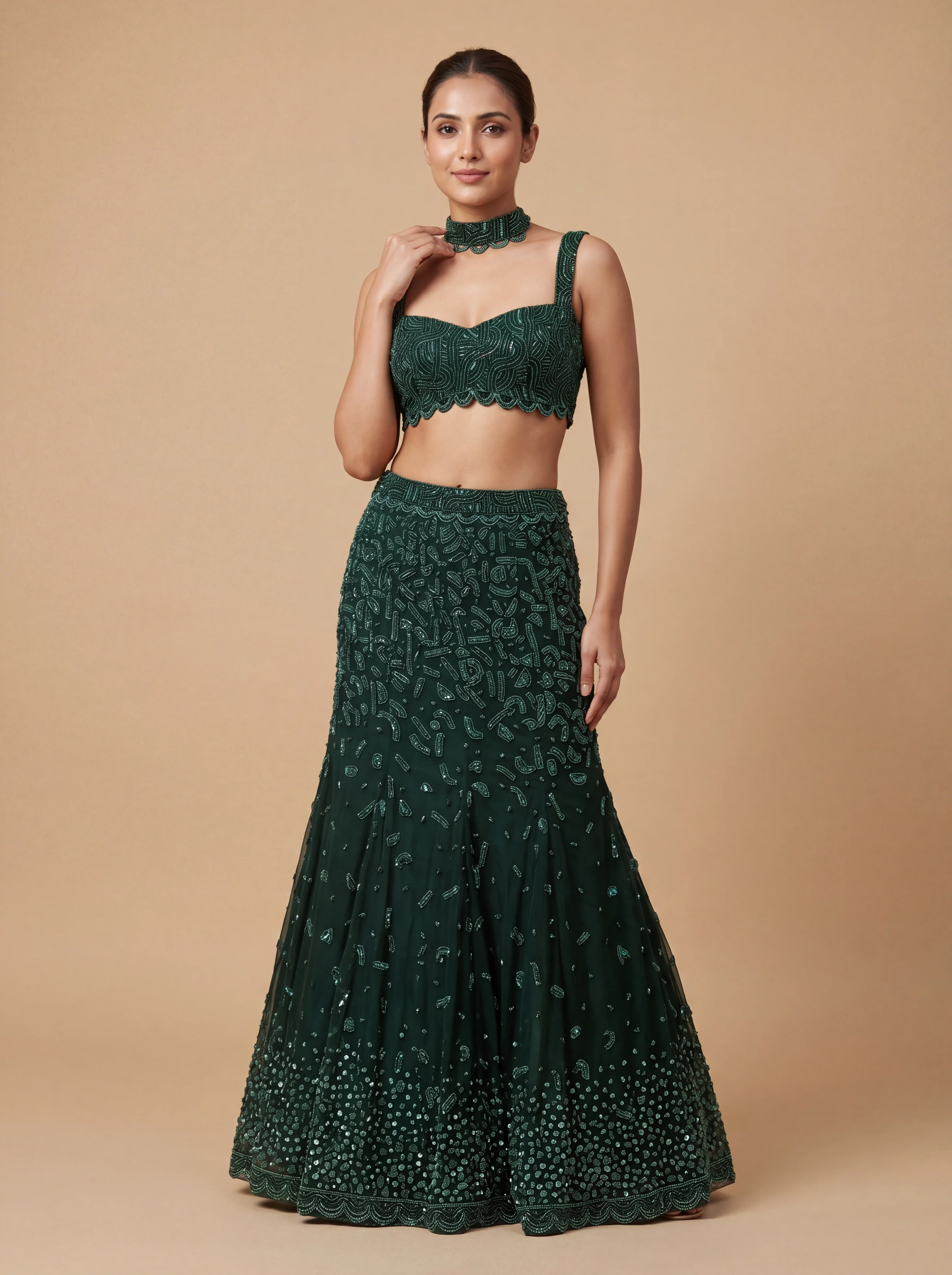 Bottle Green Contemporary Bridal Lehenga With Sequin Ombre  Flare