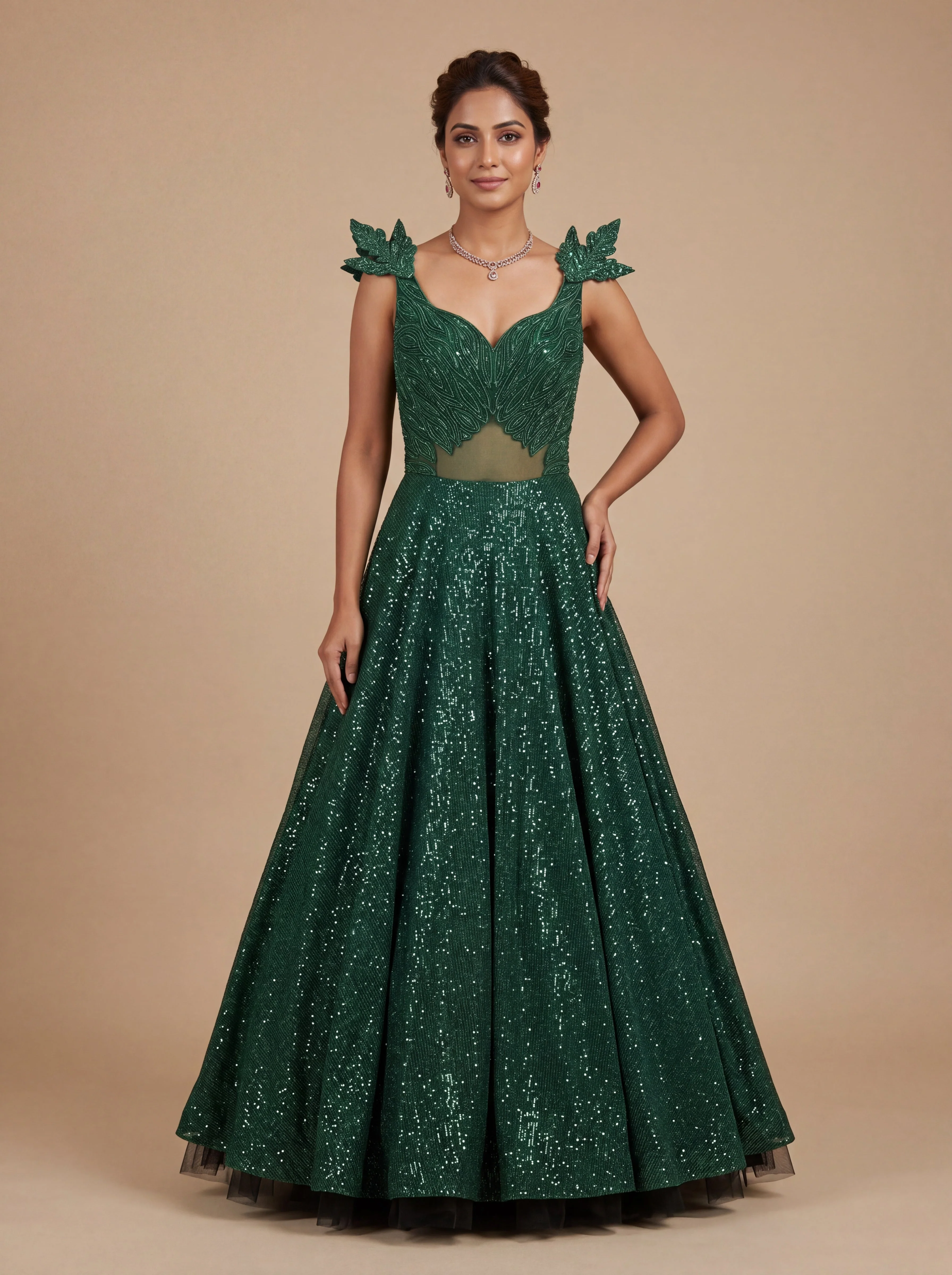 Bottle Green Contemporary Gown With Sleek Fit  Flared Hem