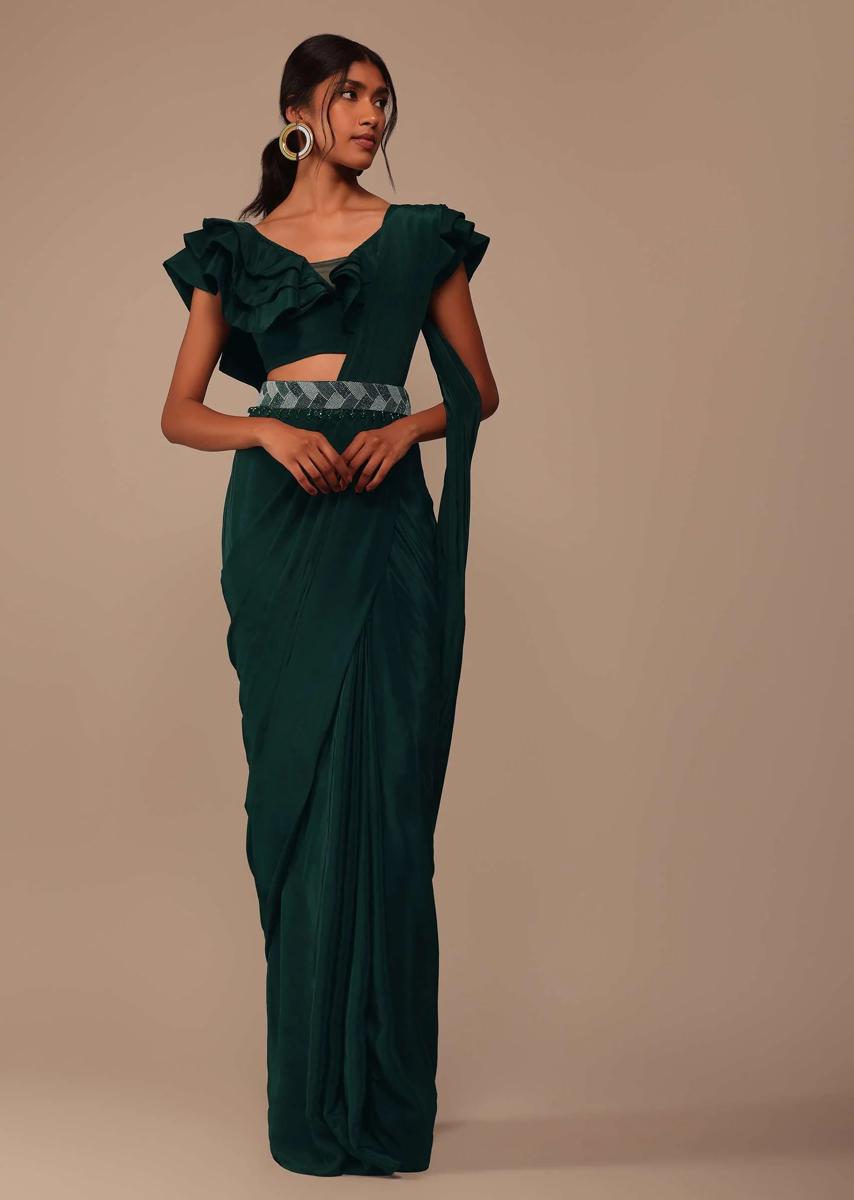 Bottle Green Crepe Pre Drape Saree With Fancy Blouse And Embroidered Belt - Image 9