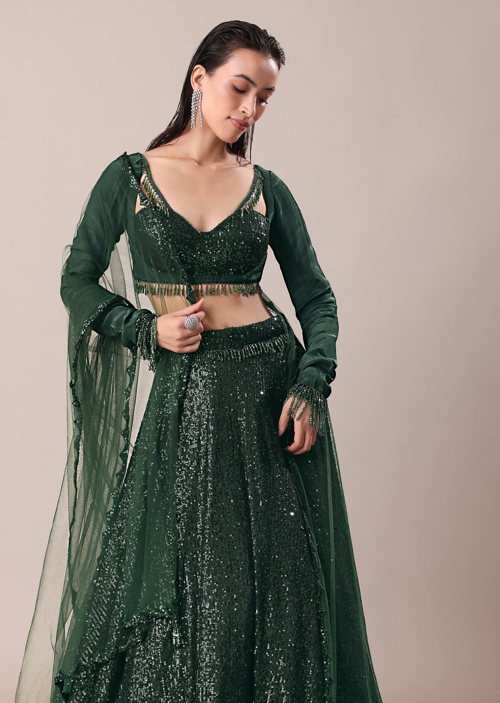 Bottle Green Embroidered Lehenga And Blouse With Dupatta - Image 2