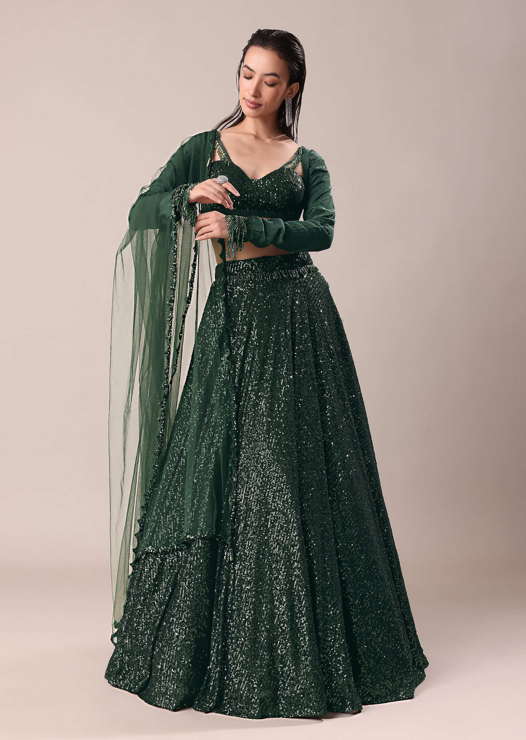 Bottle Green Embroidered Lehenga And Blouse With Dupatta - Image 3