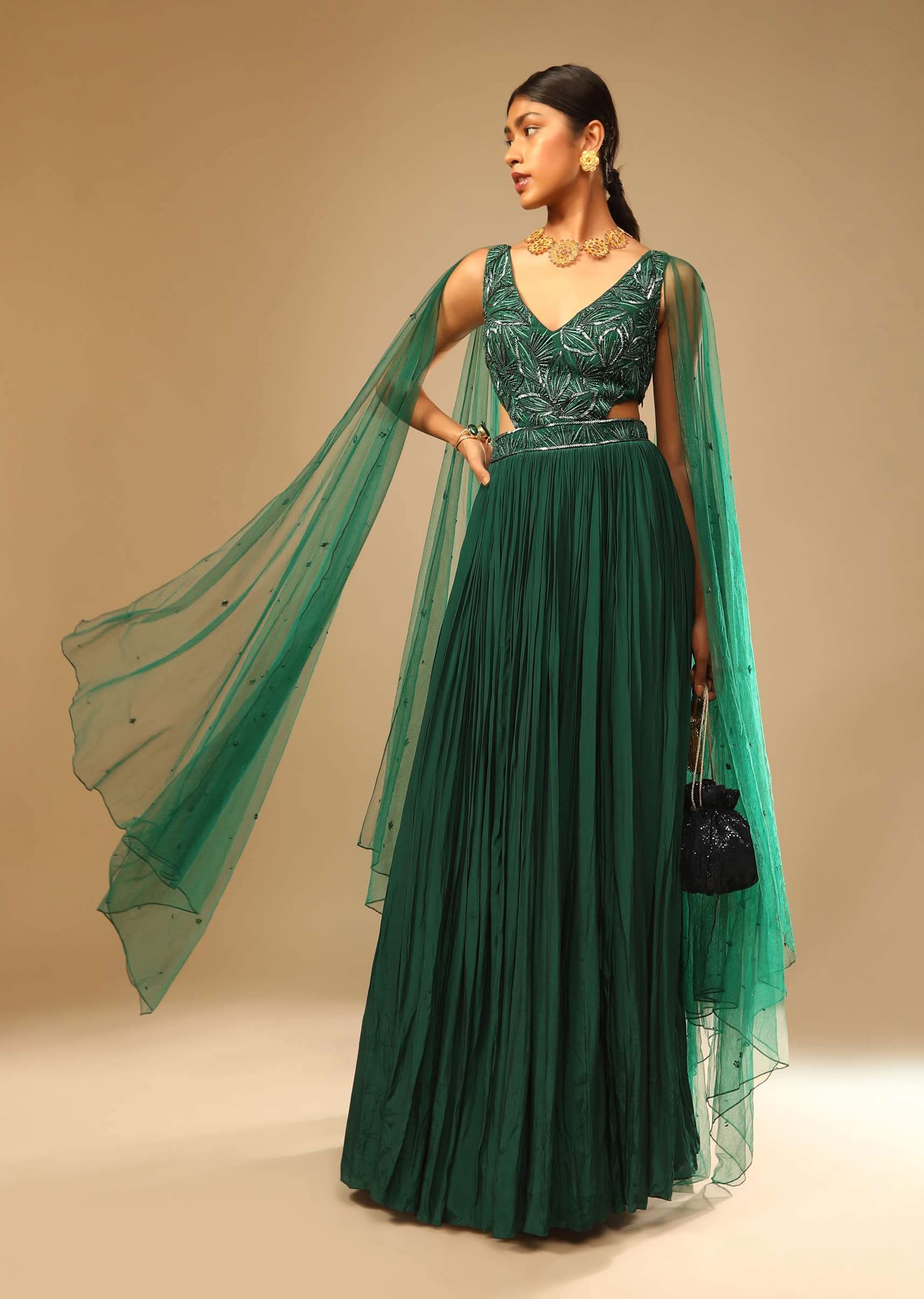 Bottle Green Gown In Crepe With Side Cut Outs In The Hand Embroidered Bodice - Image 2