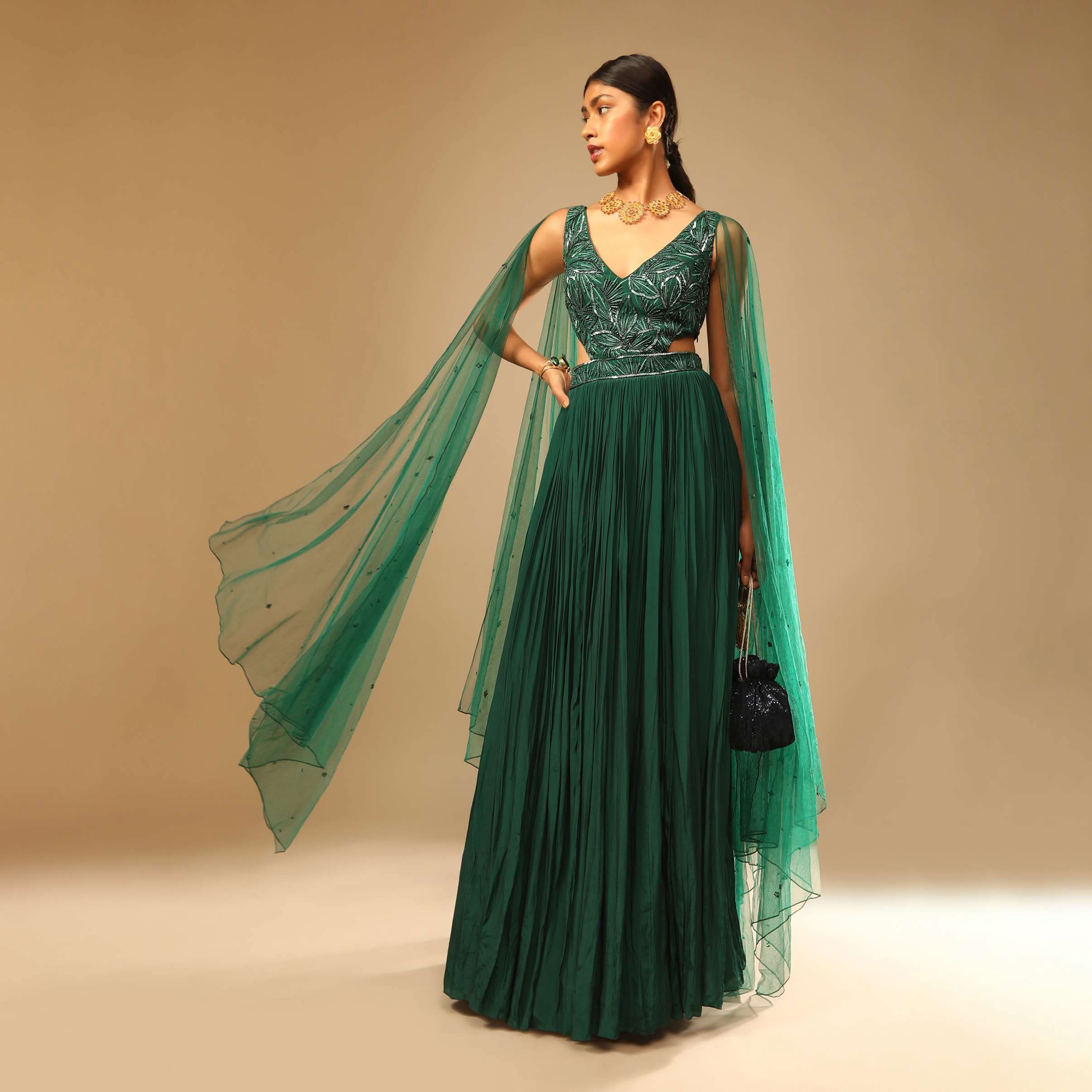 Bottle Green Gown In Crepe With Side Cut Outs In The Hand Embroidered Bodice - Image 3