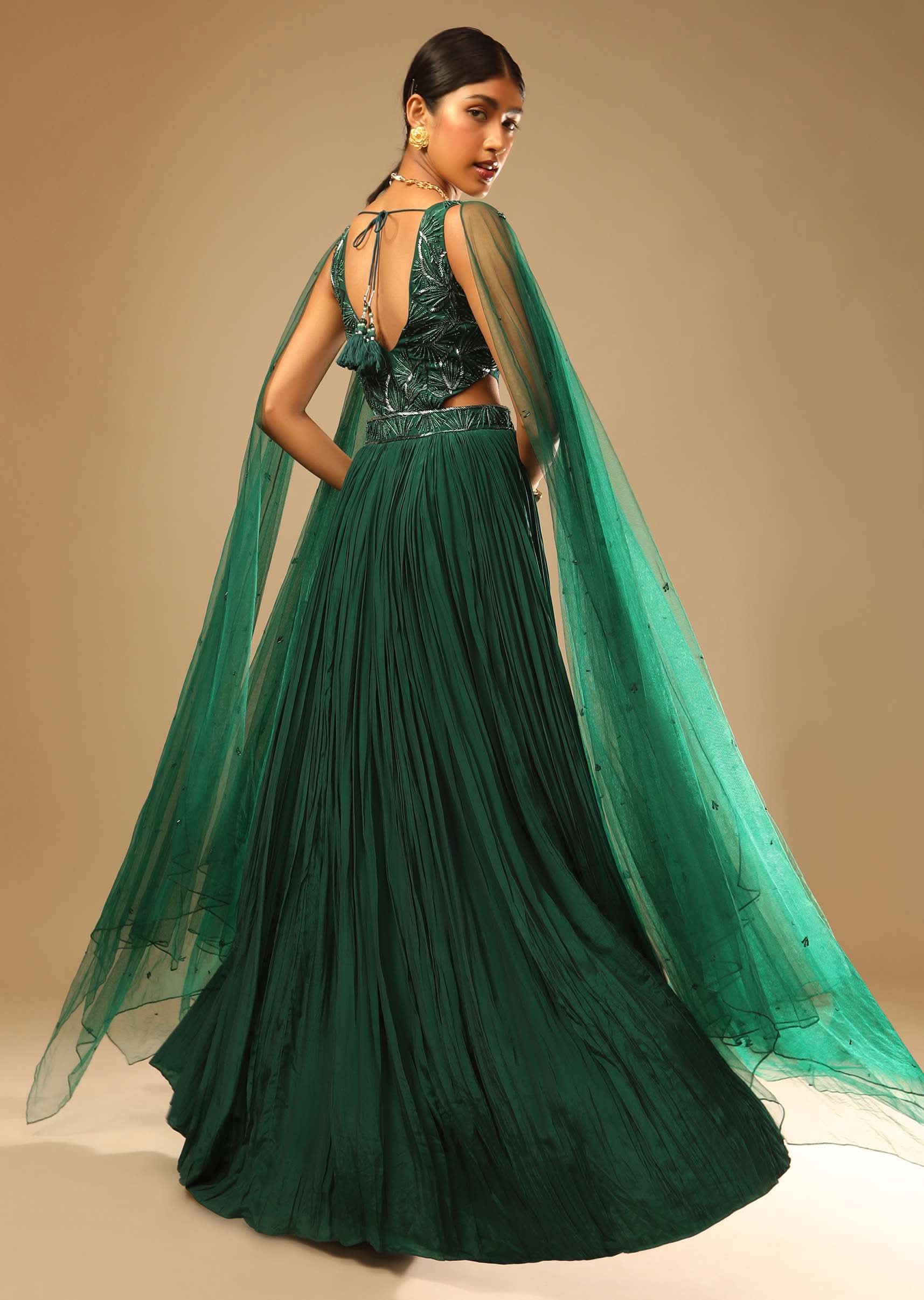 Bottle Green Gown In Crepe With Side Cut Outs In The Hand Embroidered Bodice - Image 6
