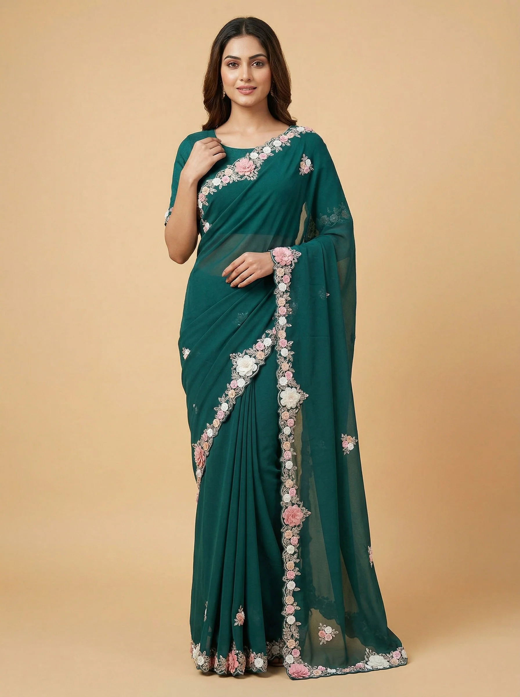 Bottle Green Intense-Tone Embroidered Saree
