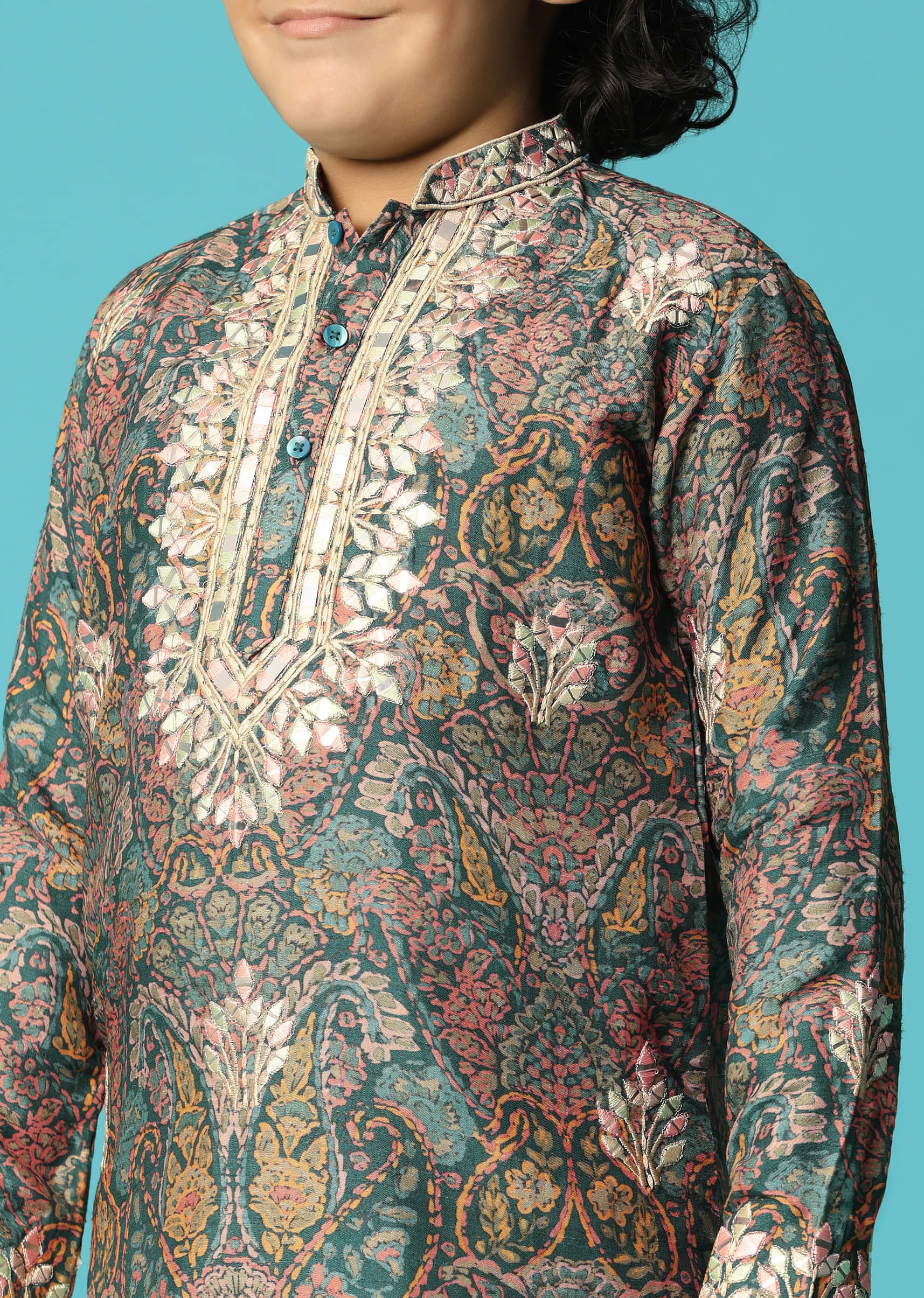 Bottle Green Kurta Pant With Resham Work For Boys - Image 2