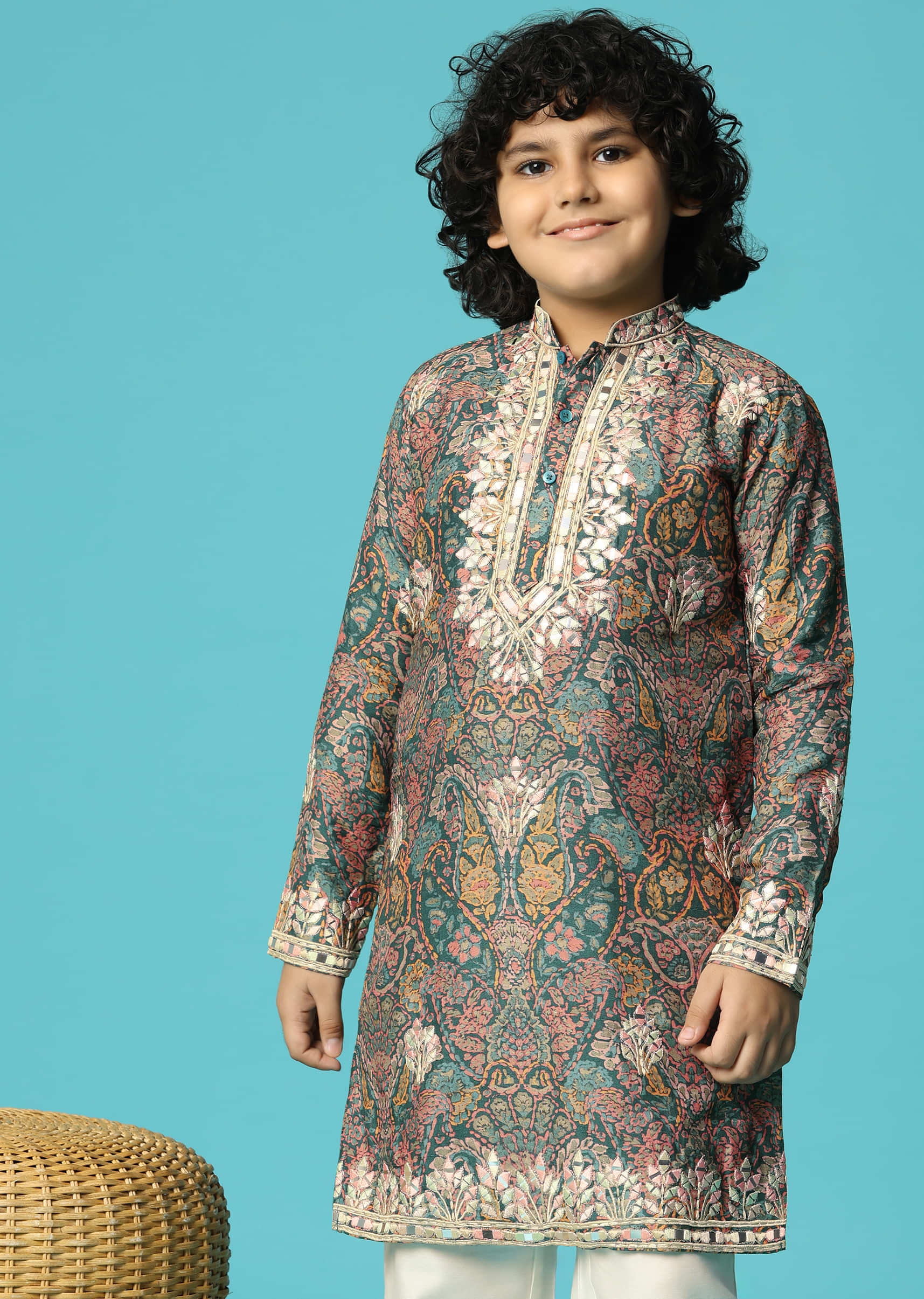 Bottle Green Kurta Pant With Resham Work For Boys - Image 4