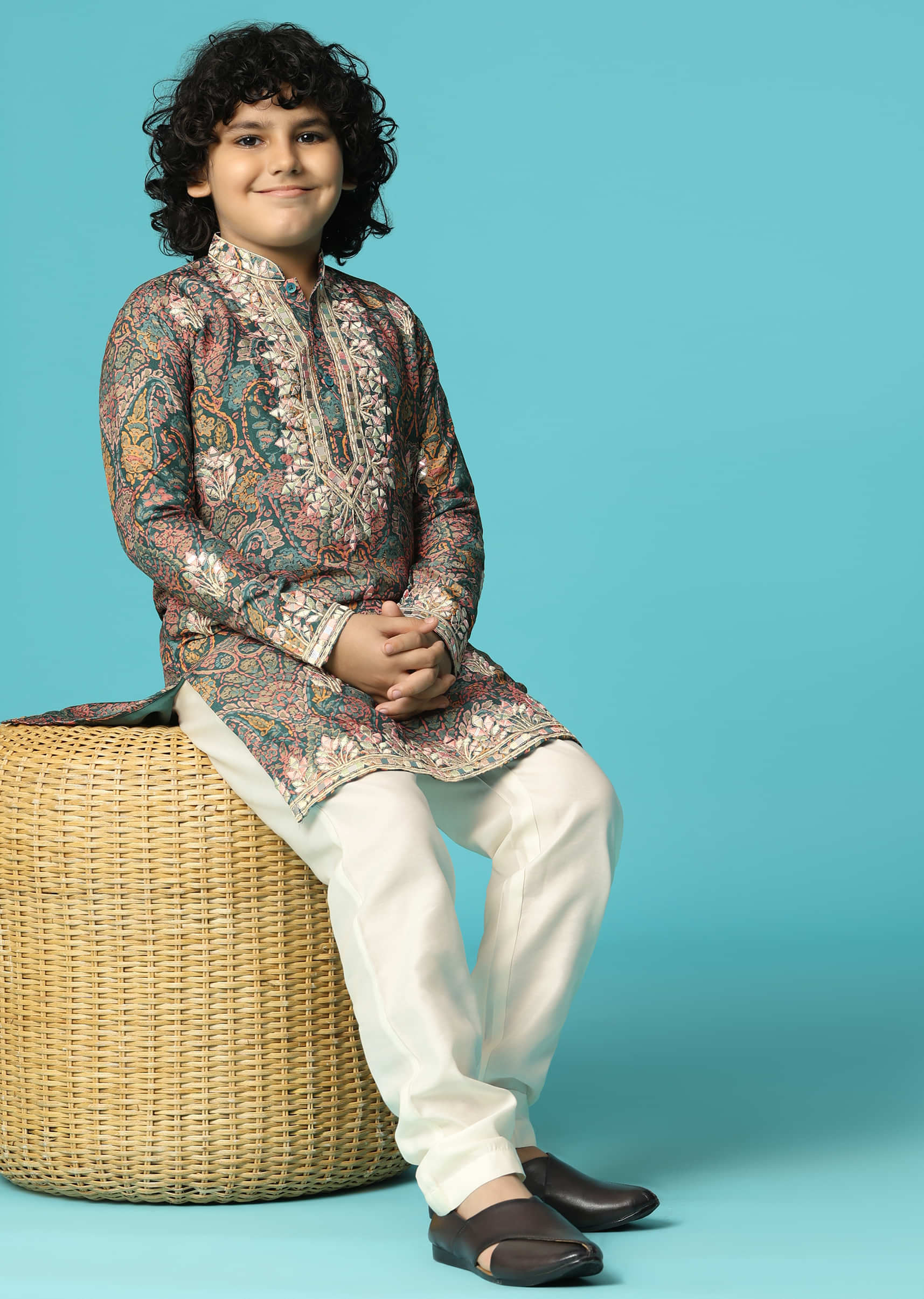 Bottle Green Kurta Pant With Resham Work For Boys - Image 5