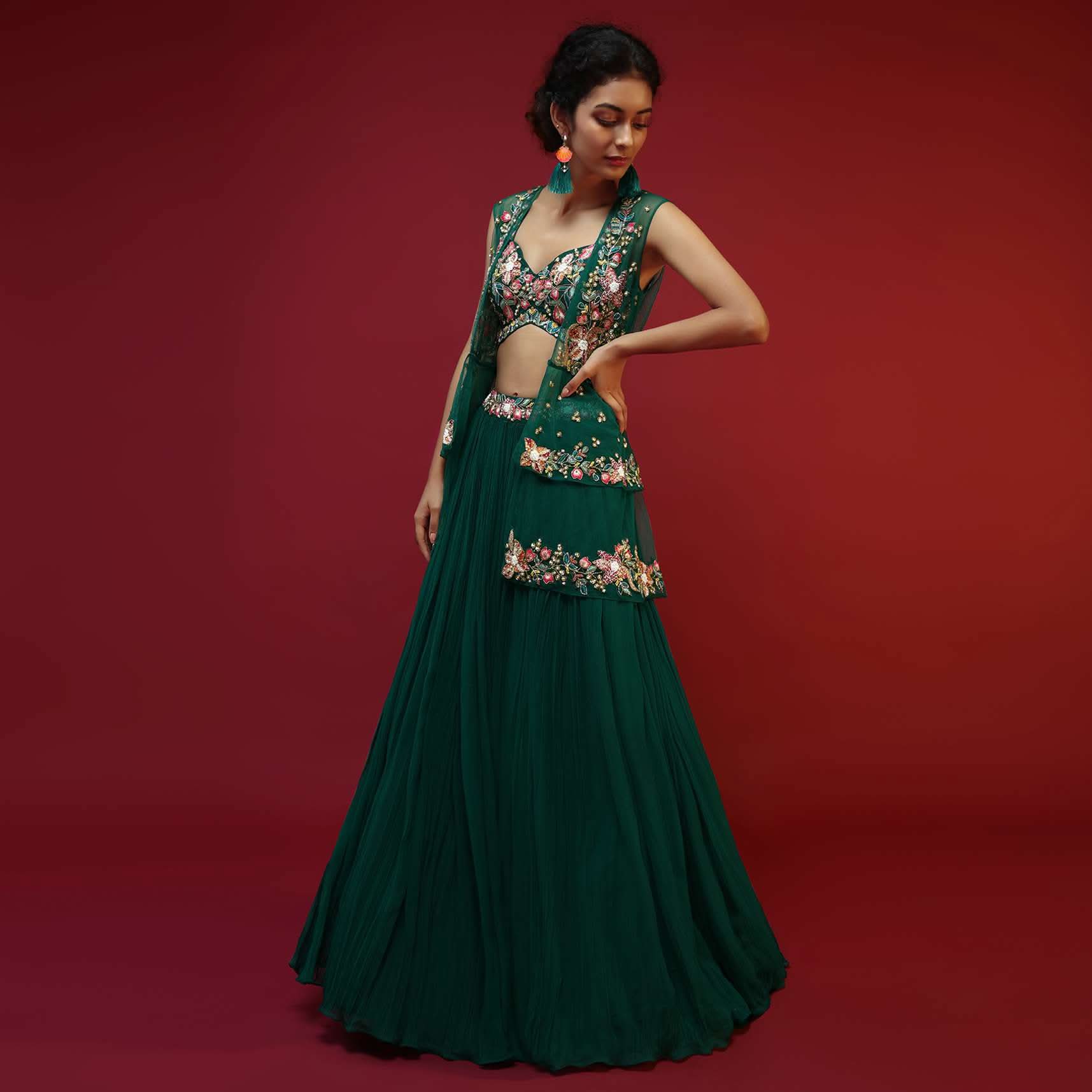 Bottle Green Lehenga Choli And Sleeveless Peplum Jacket Adorned With Colorful Resham And Moti Embroidered Flowers - Image 2