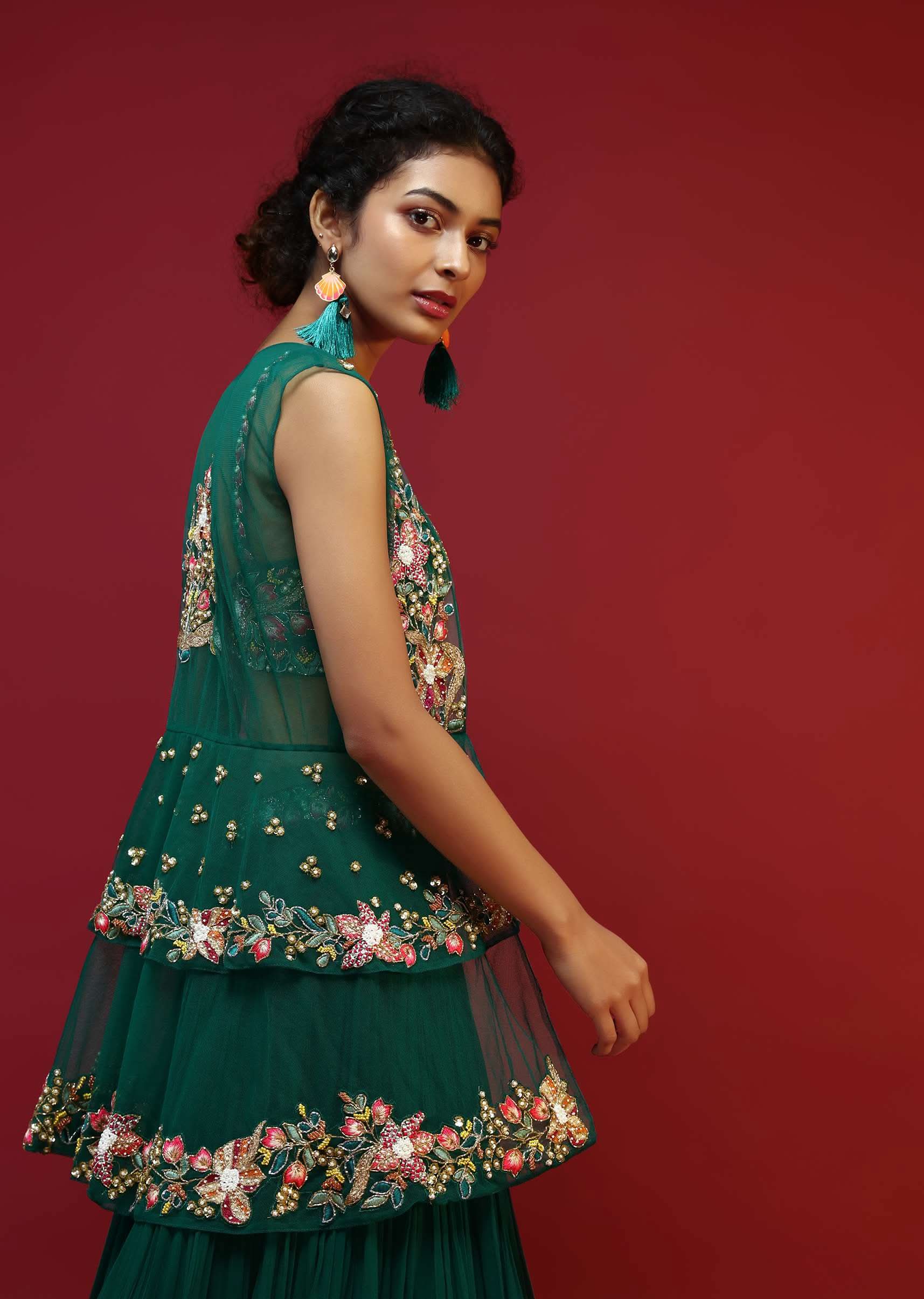 Bottle Green Lehenga Choli And Sleeveless Peplum Jacket Adorned With Colorful Resham And Moti Embroidered Flowers - Image 3