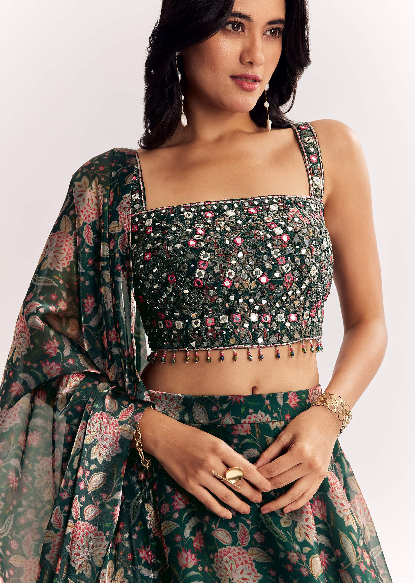 Bottle Green Mirror Work Lehenga Choli Set In Organza Tissue - Image 2
