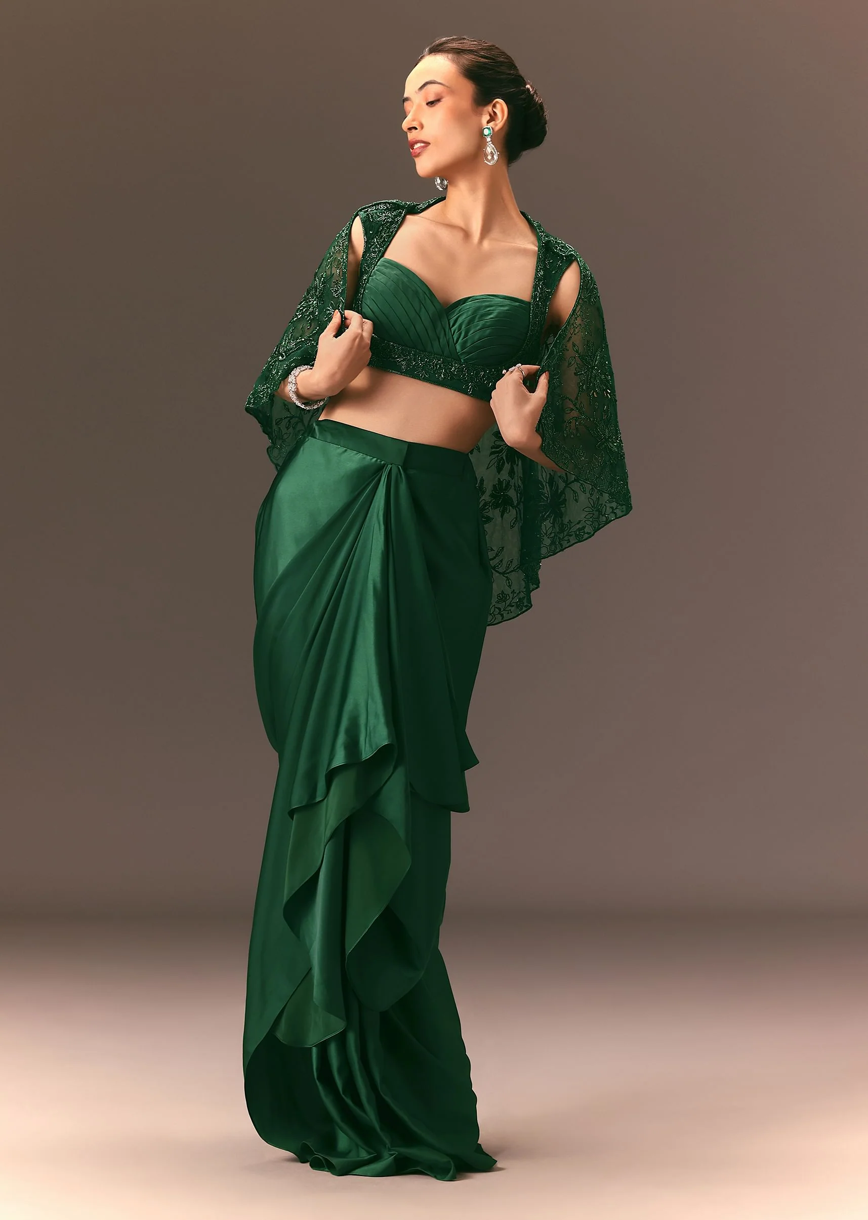 Bottle Green Net Hand Work Fusion Draped Skirt Set - Image 3