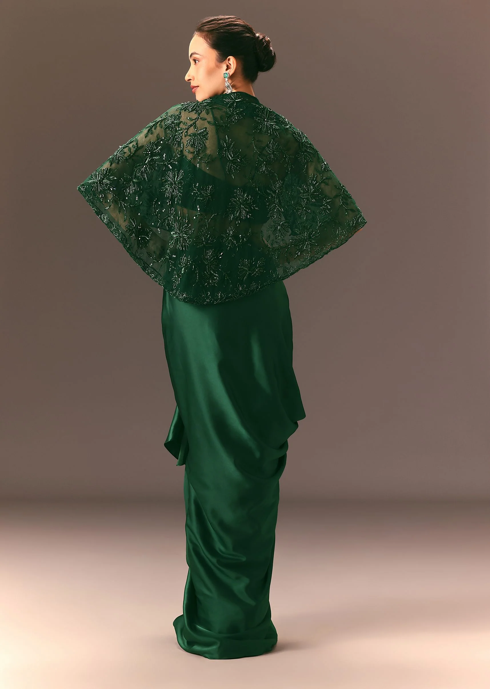 Bottle Green Net Hand Work Fusion Draped Skirt Set - Image 5